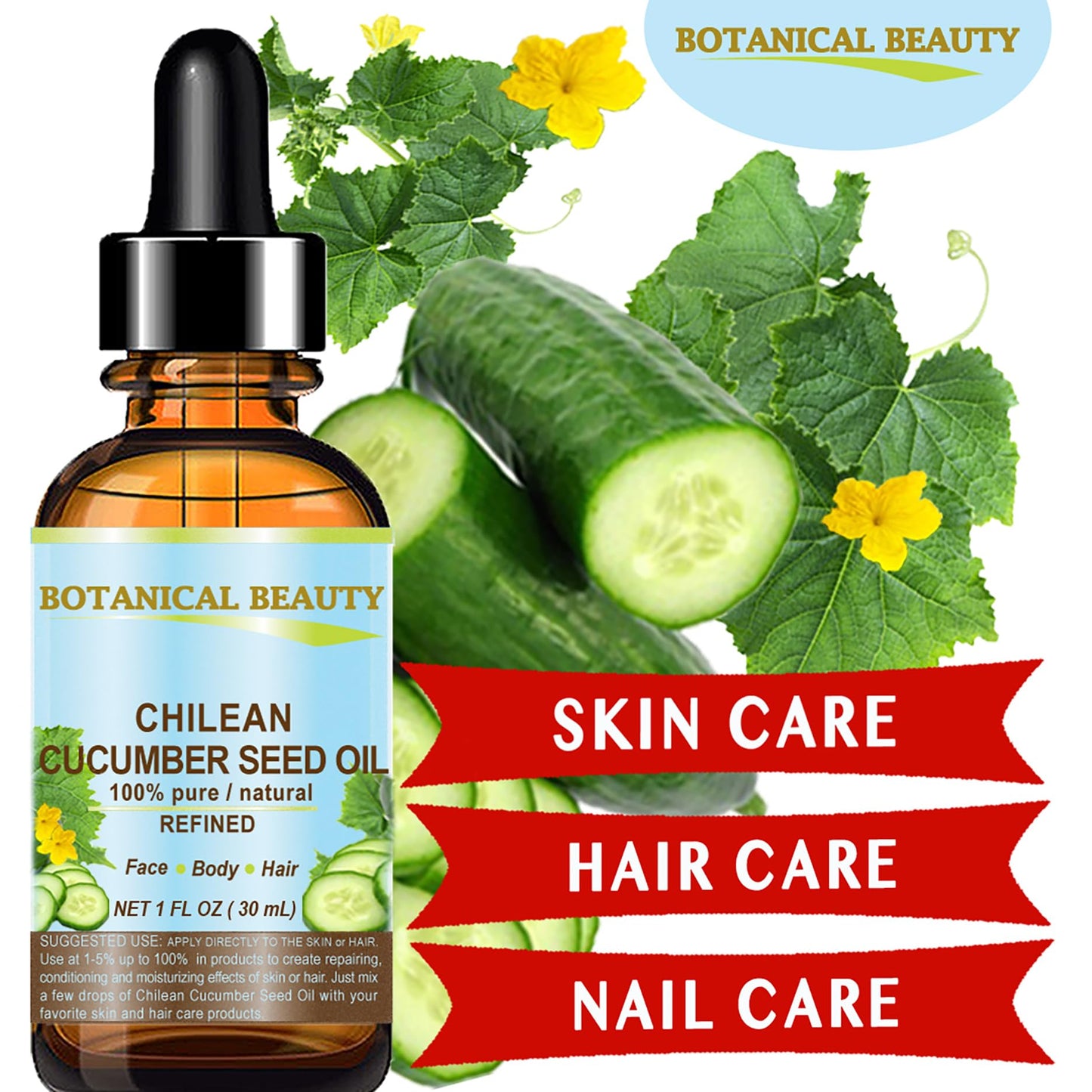 Botanical Beauty CUCUMBER SEED OIL (NOT ESSENTIAL OIL) 100% Pure Natural Refined Cold Pressed Carrier Oil 1 Fl oz - 30 ml for Face