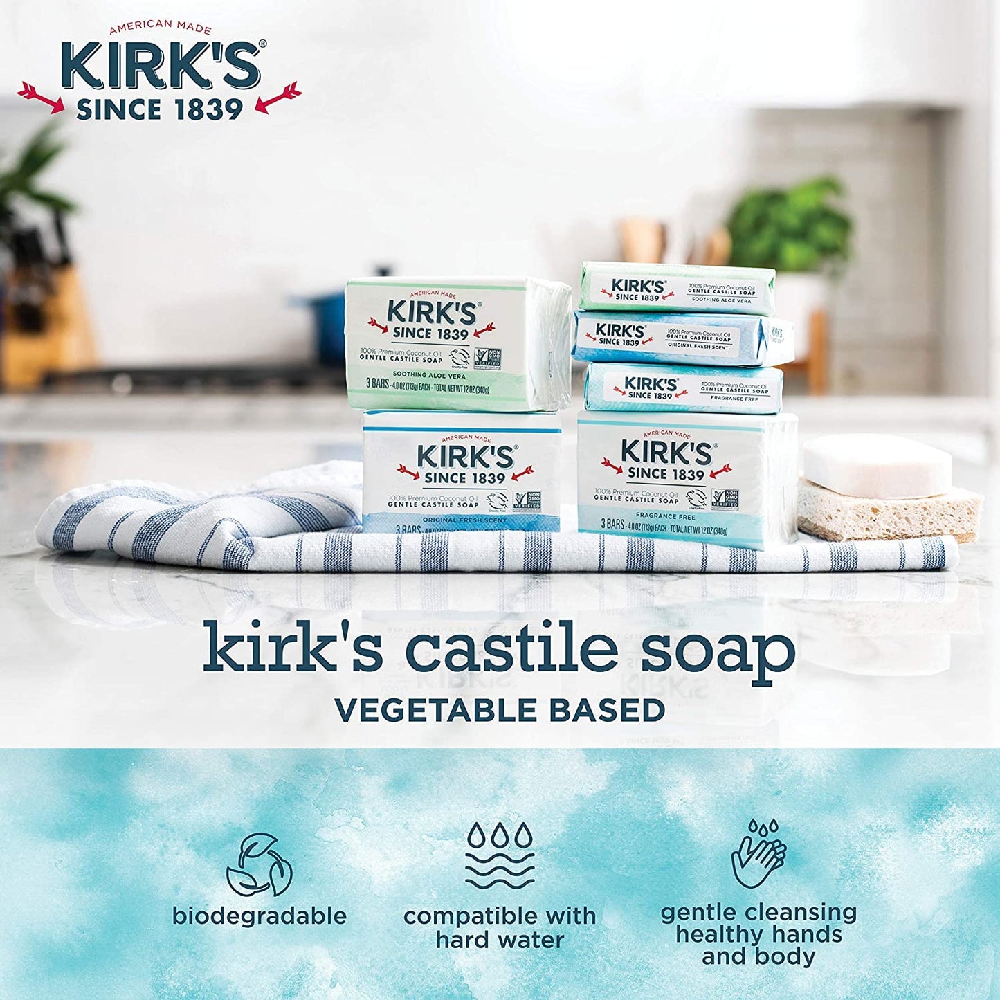 Castile Bar Soap by Kirk’s | Clean Soap for Men, Women & Children | Premium Coconut Oil | Sensitive Skin Formula, Vegan | Fragrance-Free/Unscented |
