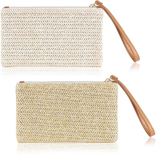 Frienda 2 Pieces Straw Clutch Purse Straw Handbag for Women Summer Beach Bag Bohemian Wristlet Bag(Beige-White, Beige-Yellow)