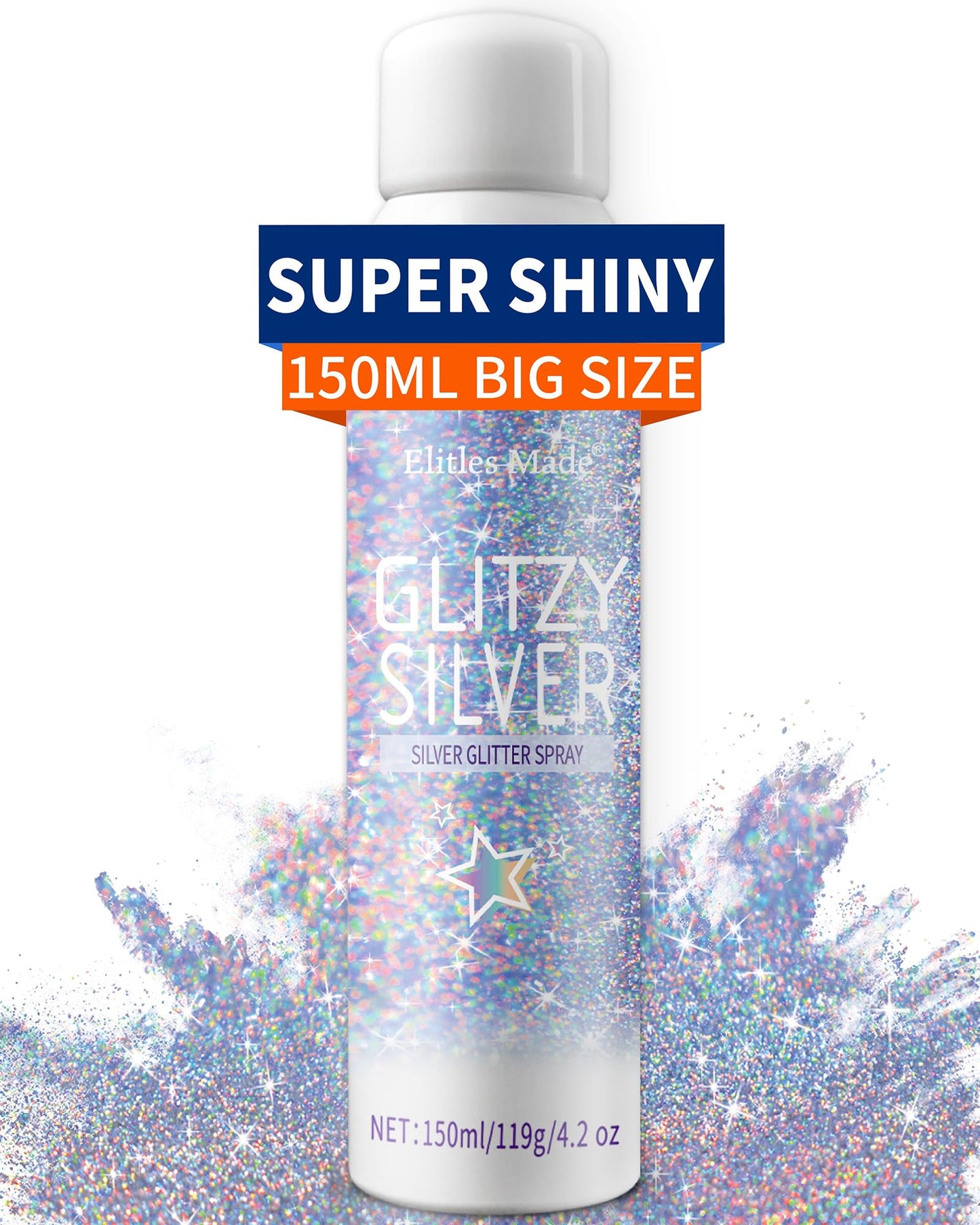 Elitles Made Hair Glitter Body Glitter Spray, 150ML Glitter Hairspray Holographic Silver Glitter Spray for Hair and Body, Hair Glitter for Kids Women