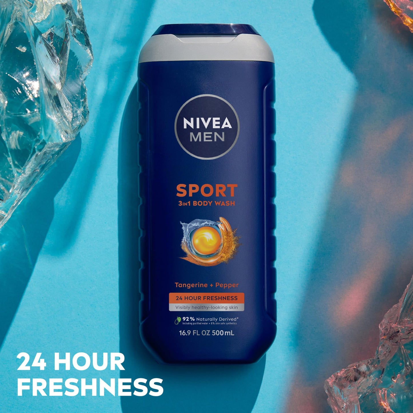NIVEA MEN Sport Body Wash with Revitalizing Minerals, Tangerine and Pepper Scent, 3-in-1 Men's Body Wash, Face and Hair, Paraben Free, Vegan Formula