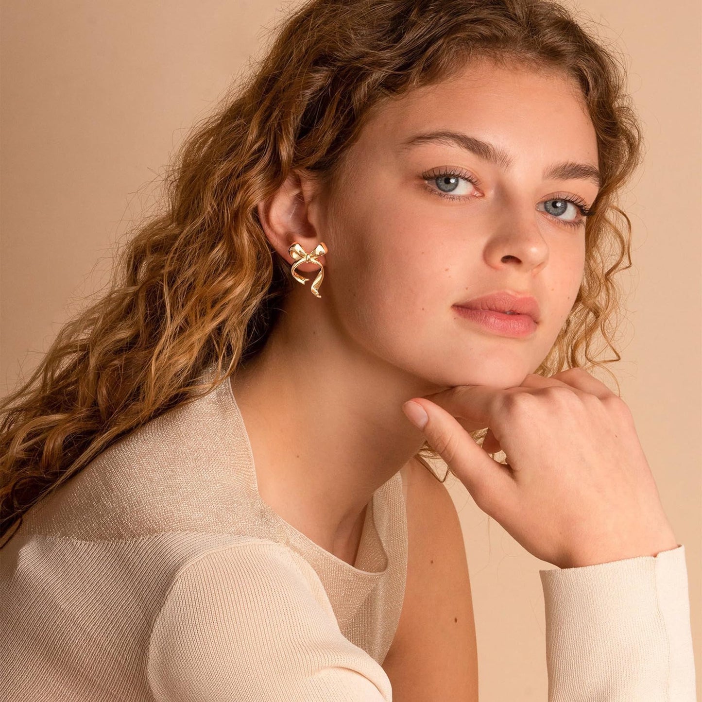Doubnine BowKnot Earrings Gold Ribbon Stud Golden Bow Cute Christmas Wedding Jewelry for Women