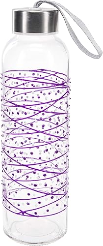 Pavilion Gift Company 16.5 Oz Hand Decorated Glass Water Bottle With Sealed Metal Twist Off Lid Purple & White Polka Dot Tangle, Purple