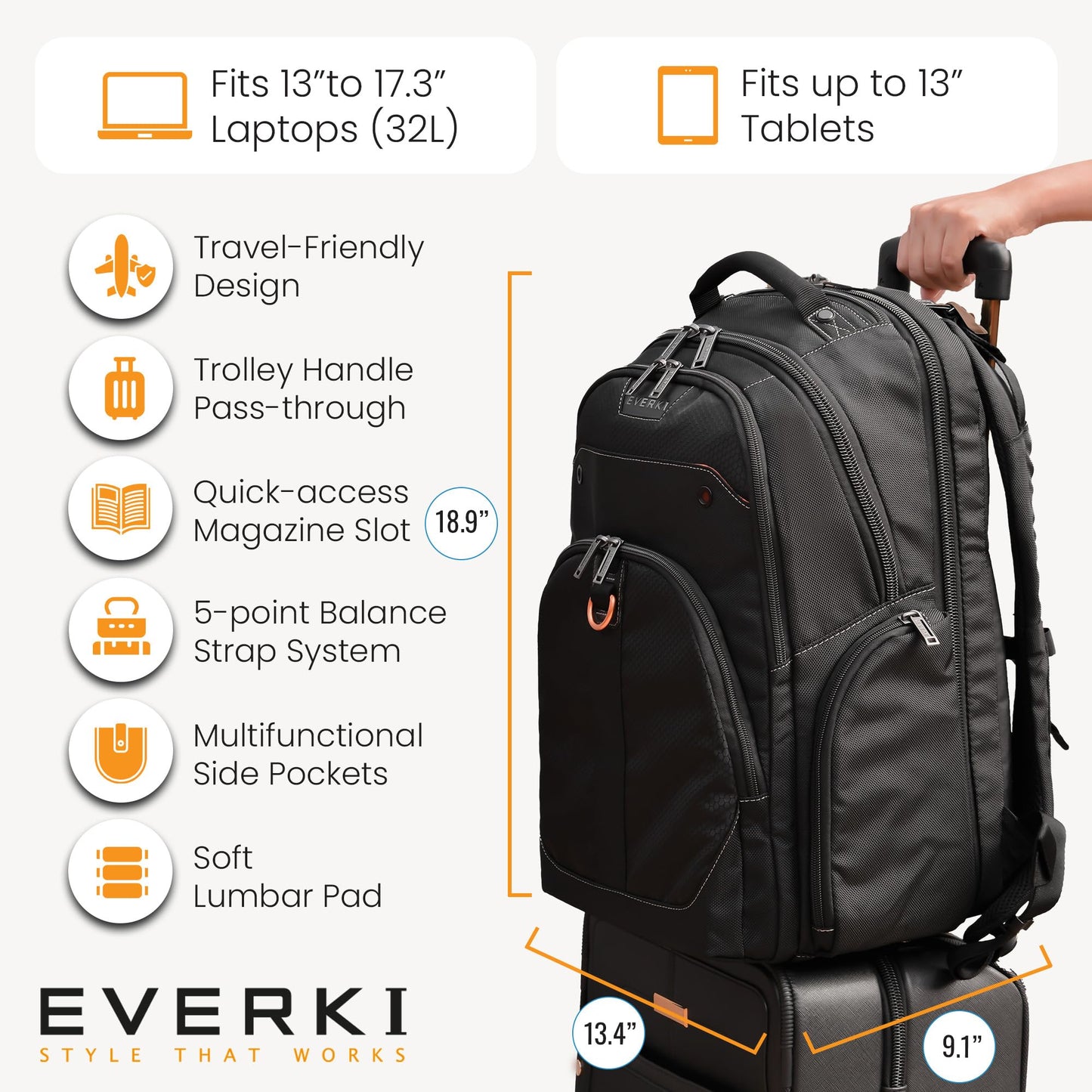 EVERKI 32L Atlas Business Laptop Backpack - Adjustable Compartment for Work, Travel-Friendly Business & Office Backpack for Men & Women, College, Durable Computer Bag, Fits 13"-17.3", Black