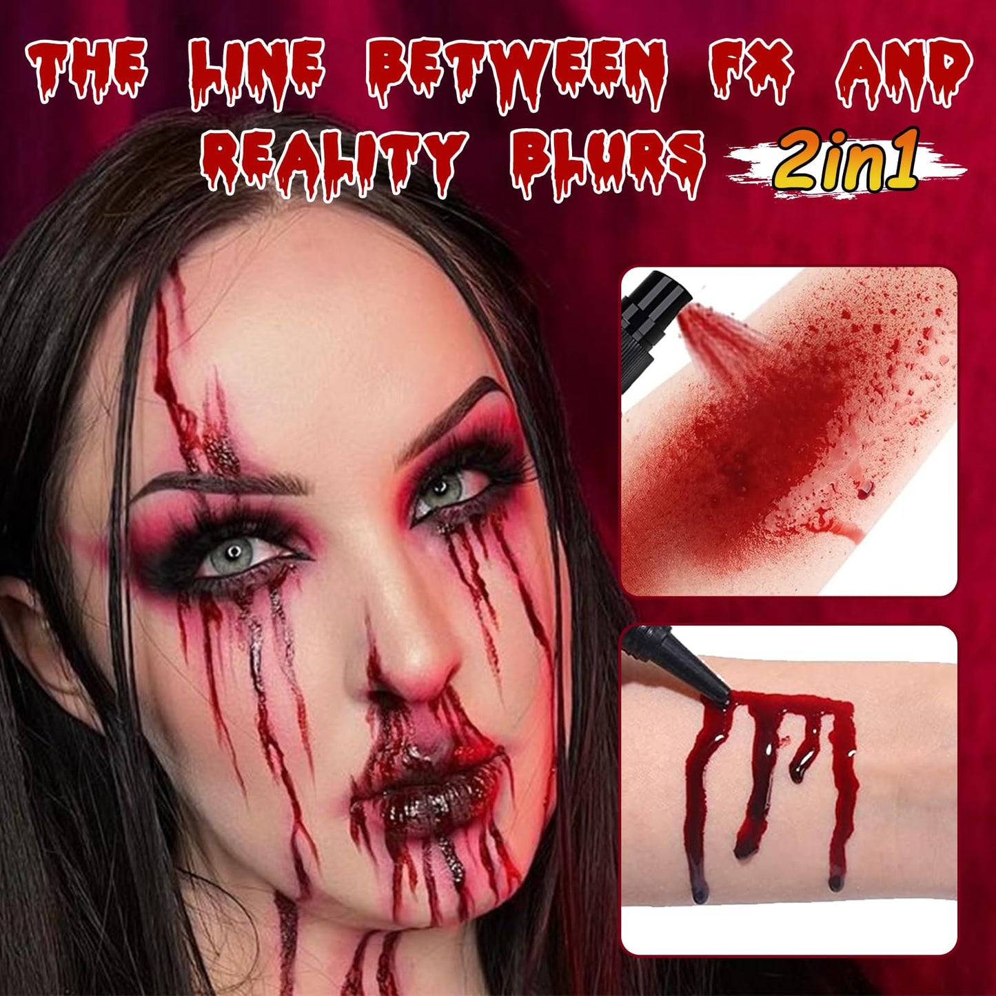 Fake Blood Spray for Halloween, 2fl oz Washable Fake Blood Makeup, Realistic Fake Blood, Fake Blood for Face, Perfect for Costume, Vampire, Clown&SFX