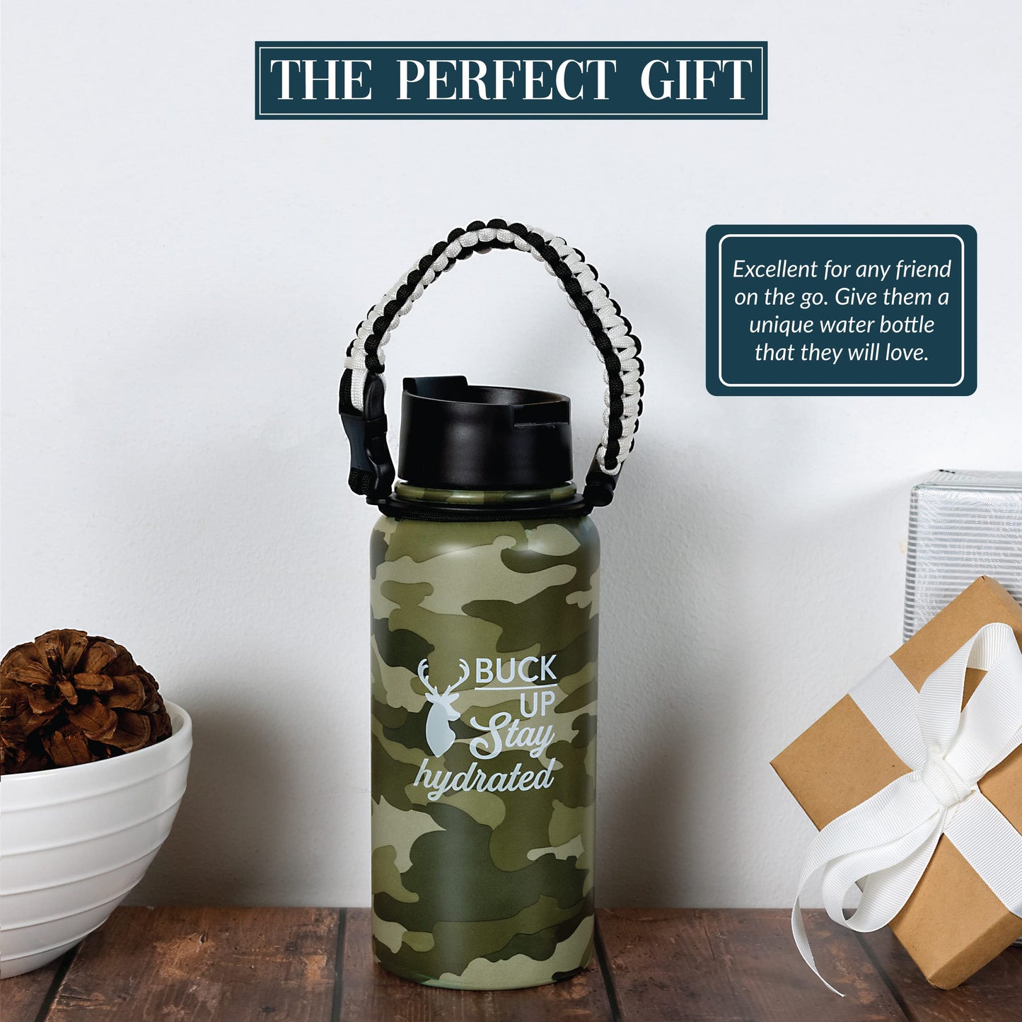 Pavilion Gift Company - Stay Hydrated 32 oz. Stainless Steel Water Bottle, Reusable Leak Proof BPA-Free Flask for Sports, Sweat Proof Sports Design