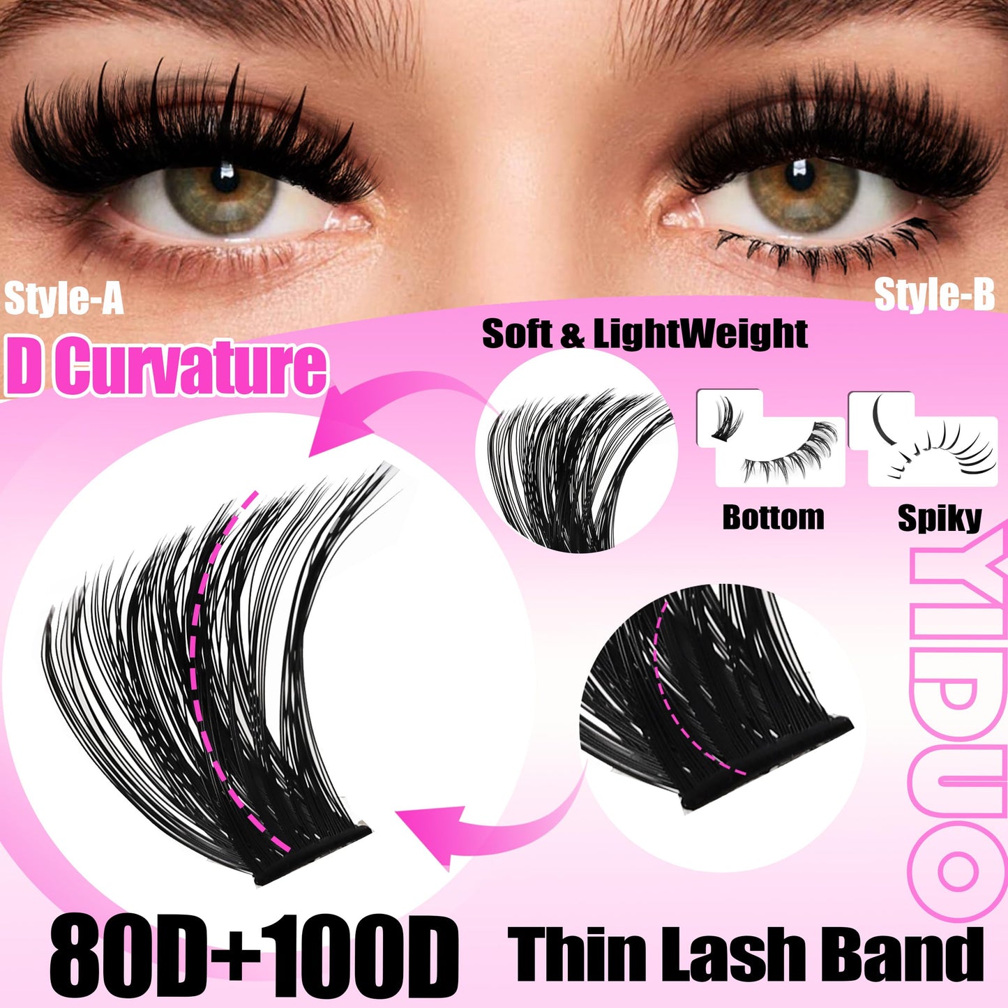 YIDUO 540Pcs Lashes Clusters Kit with Spikes+Bottom Eyelash 80D&100D Volume Clusters Lash Extension 10-18mm Wispy D Curvature Individual False Beauty and Personal Care YIDUO