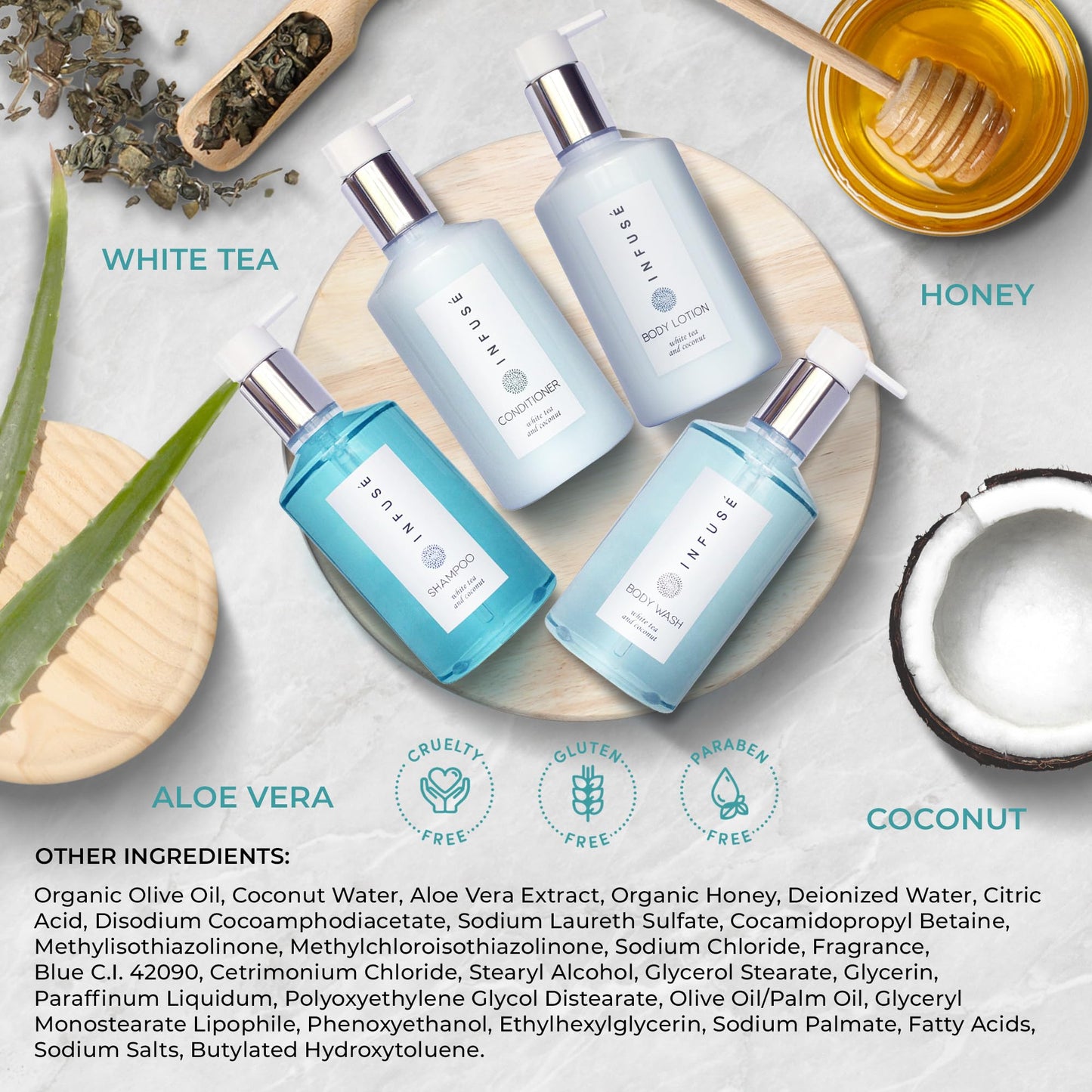 1-Shoppe Infuse 4 Piece Ecobox All-In-Kit | White Tea and Coconut Soap | 1 Shampoo, 1 Conditioner, 1 Body Wash and 1 Lotion | 10.14 oz Hotel Soaps