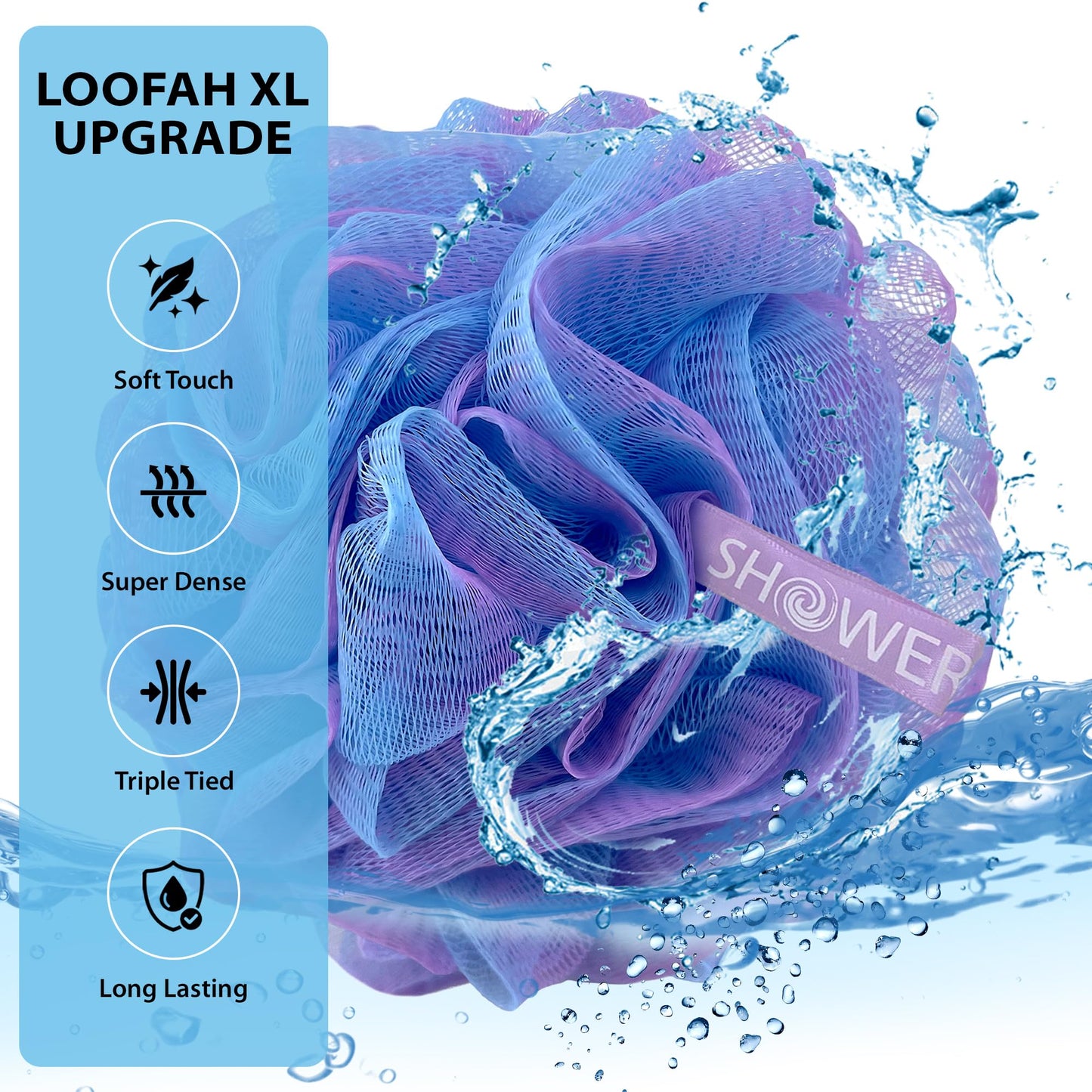 SHOWER BOUQUET Loofah Bath-Sponge XL Swirl-Deep-4-Pack // Extra Large 75g Soft Mesh Net Luffa Loofa Loufa Lufa Puff Set/Exfoliating Body Scrubber