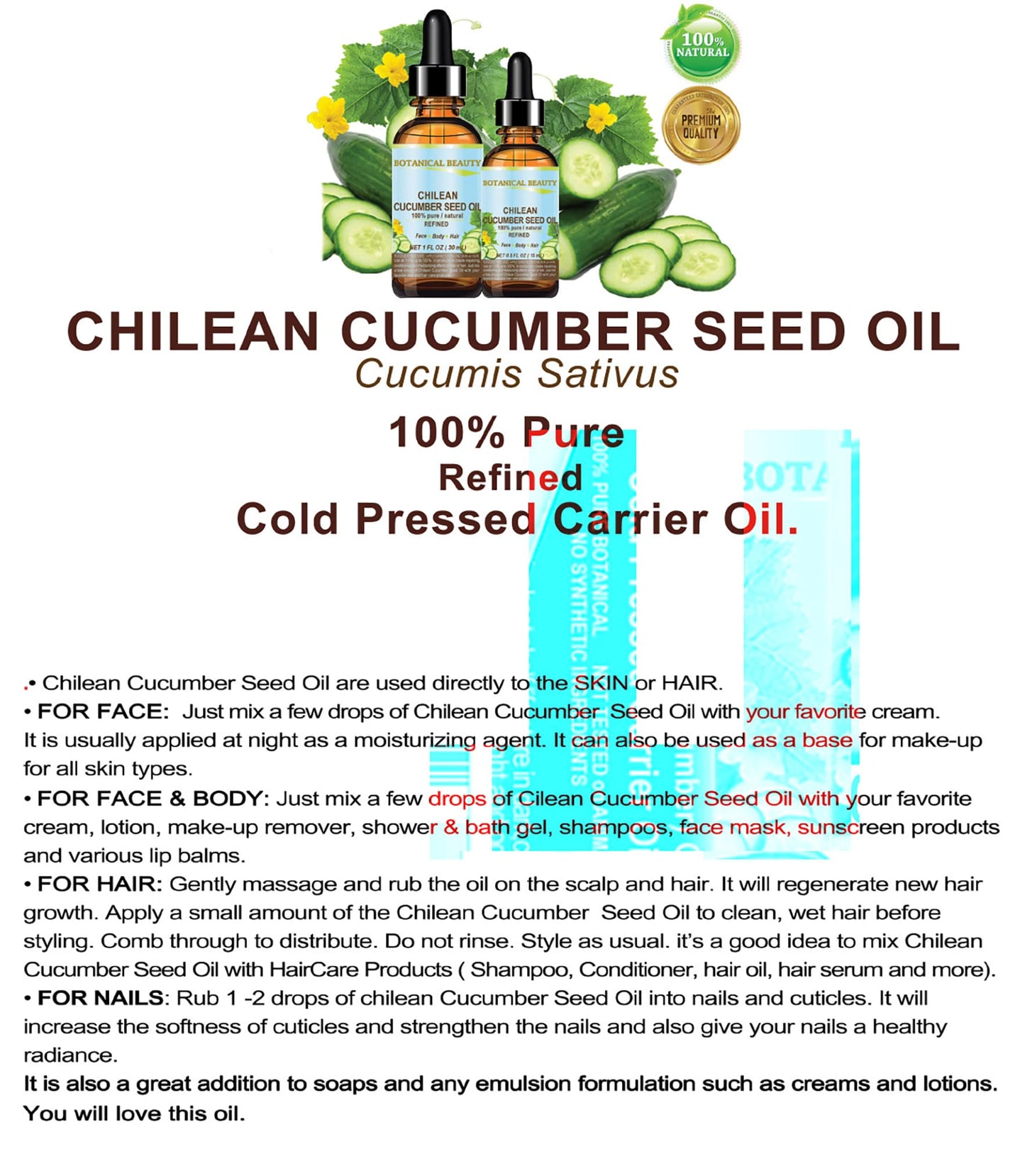 Botanical Beauty CUCUMBER SEED OIL (NOT ESSENTIAL OIL) 100% Pure Natural Refined Cold Pressed Carrier Oil 1 Fl oz - 30 ml for Face