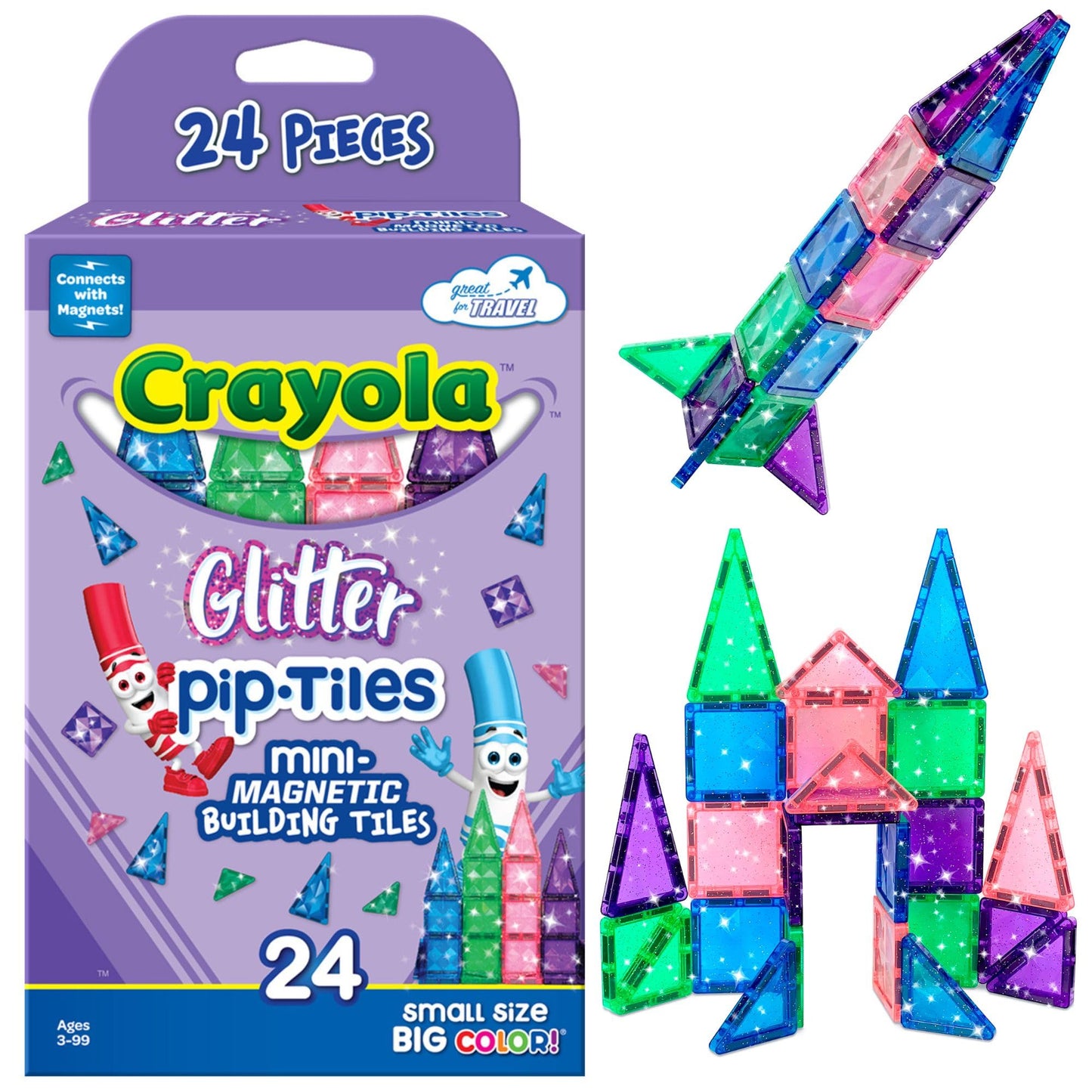 CreateOn Crayola Mini Magnetic PIP-Tiles 24pc Set (Glitter) – STEM Travel Building Toys for Kids Ages 3+, Boys & Girls