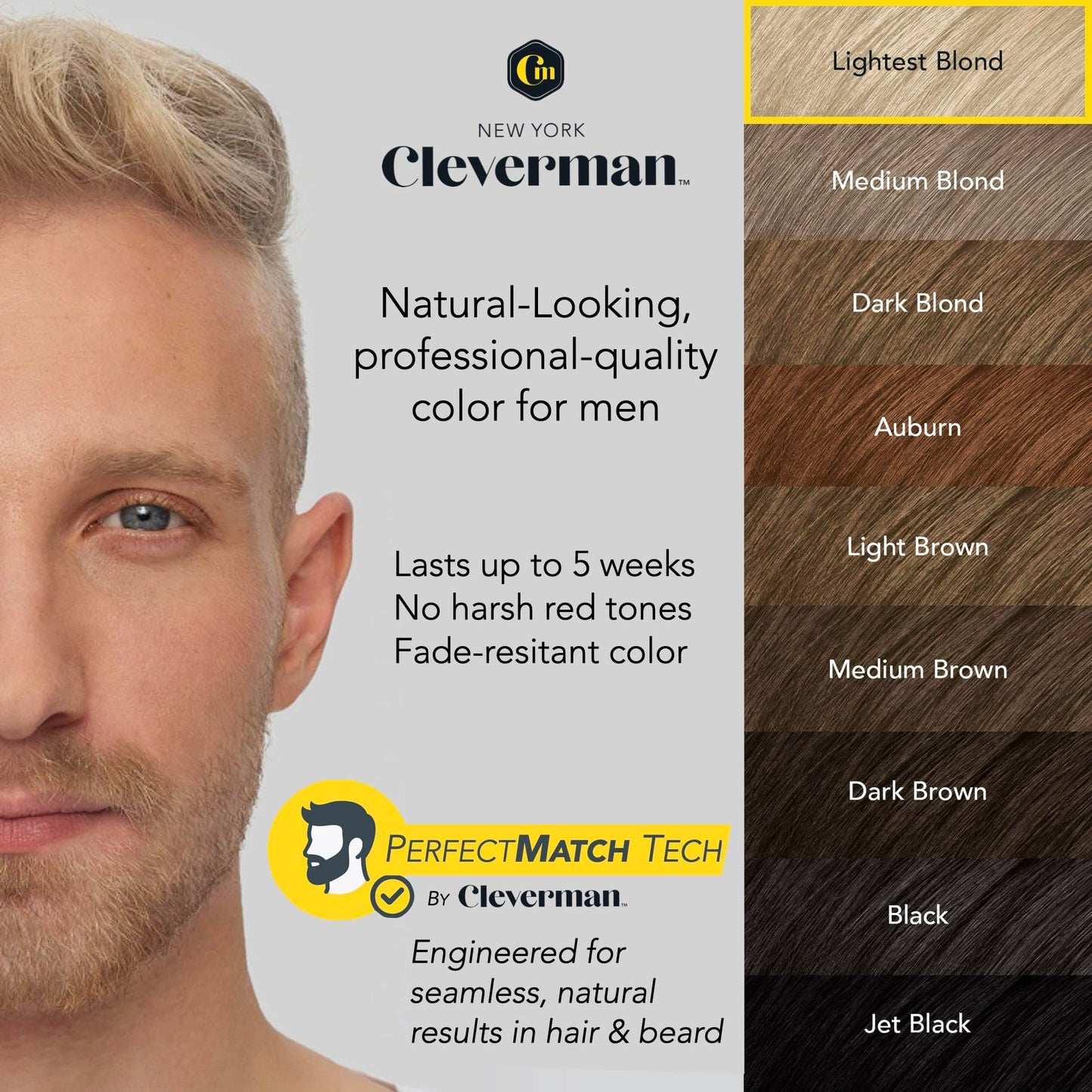 Reusable Hair & Beard Dye for Men - Lightest Blond | Up to 5 Uses, 7 Minutes | Natural Gray Coverage, No-Drip Cream with SkinArmour® - Cleverman