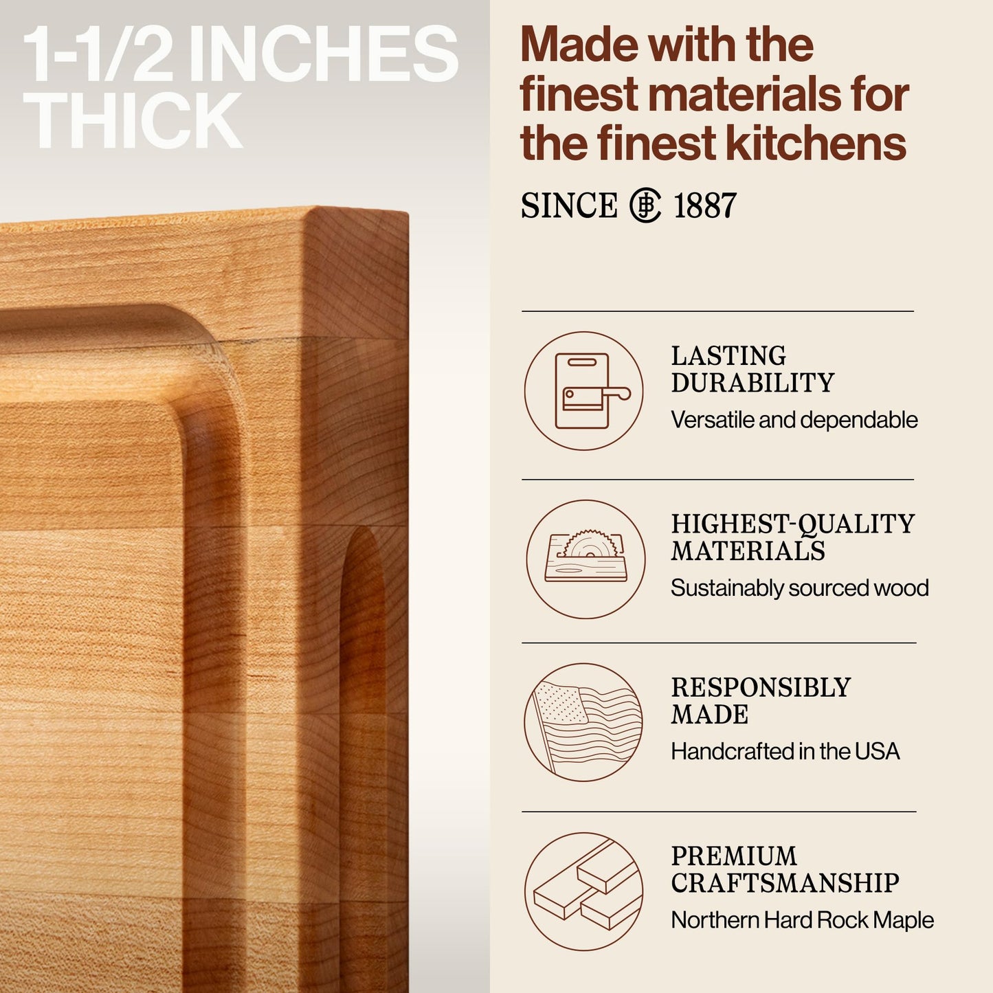 John Boos BBQ Series Rectangular Wooden Maple Cutting Board 18”x12” - 1.5” Thick, 8.5-lb Reversible Butcher Block with Juice Groove, Edge-Grain…