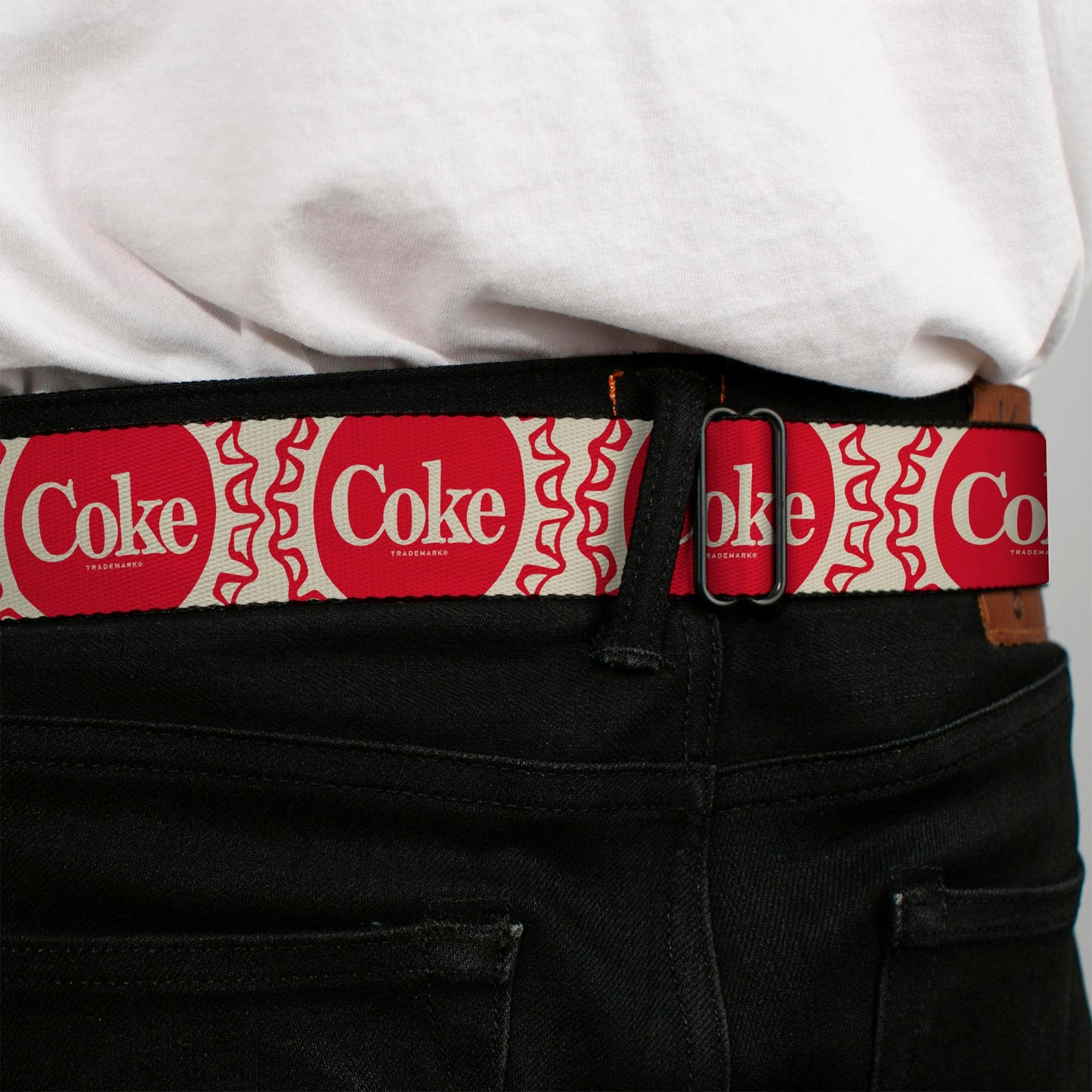 The Coca-Cola Company Belt, Seatbelt Buckle Belt, Vintage Coke Bottle Caps White Red, Youth 20 to 36 Inches