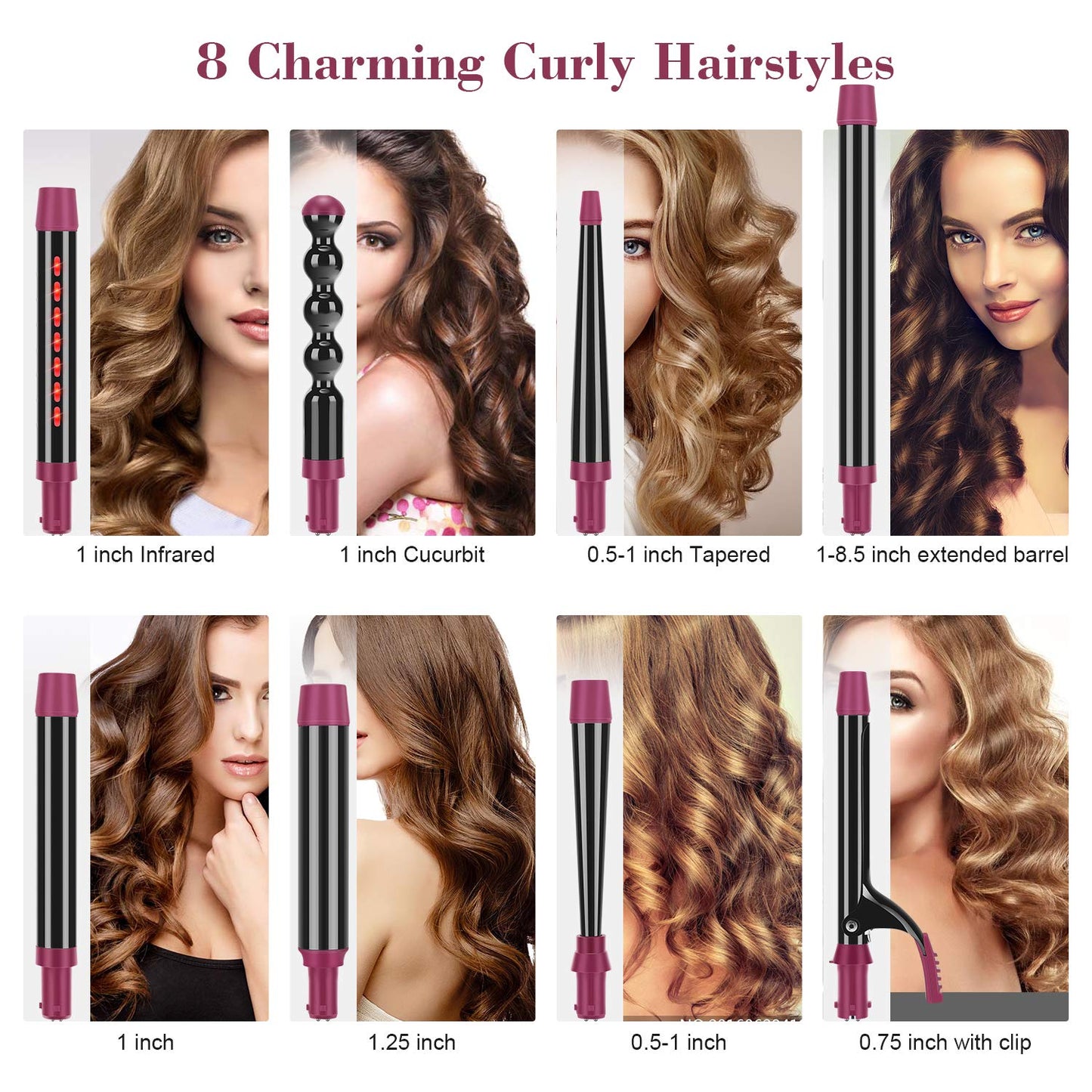 IG INGLAM Curling Iron Wand Set, 8 in-1 Interchangeable Ceramic Barrels with Infrared, Cucurbit, Tapered, Extended, 1in, 1 1/4 in, 3/4in Barrels