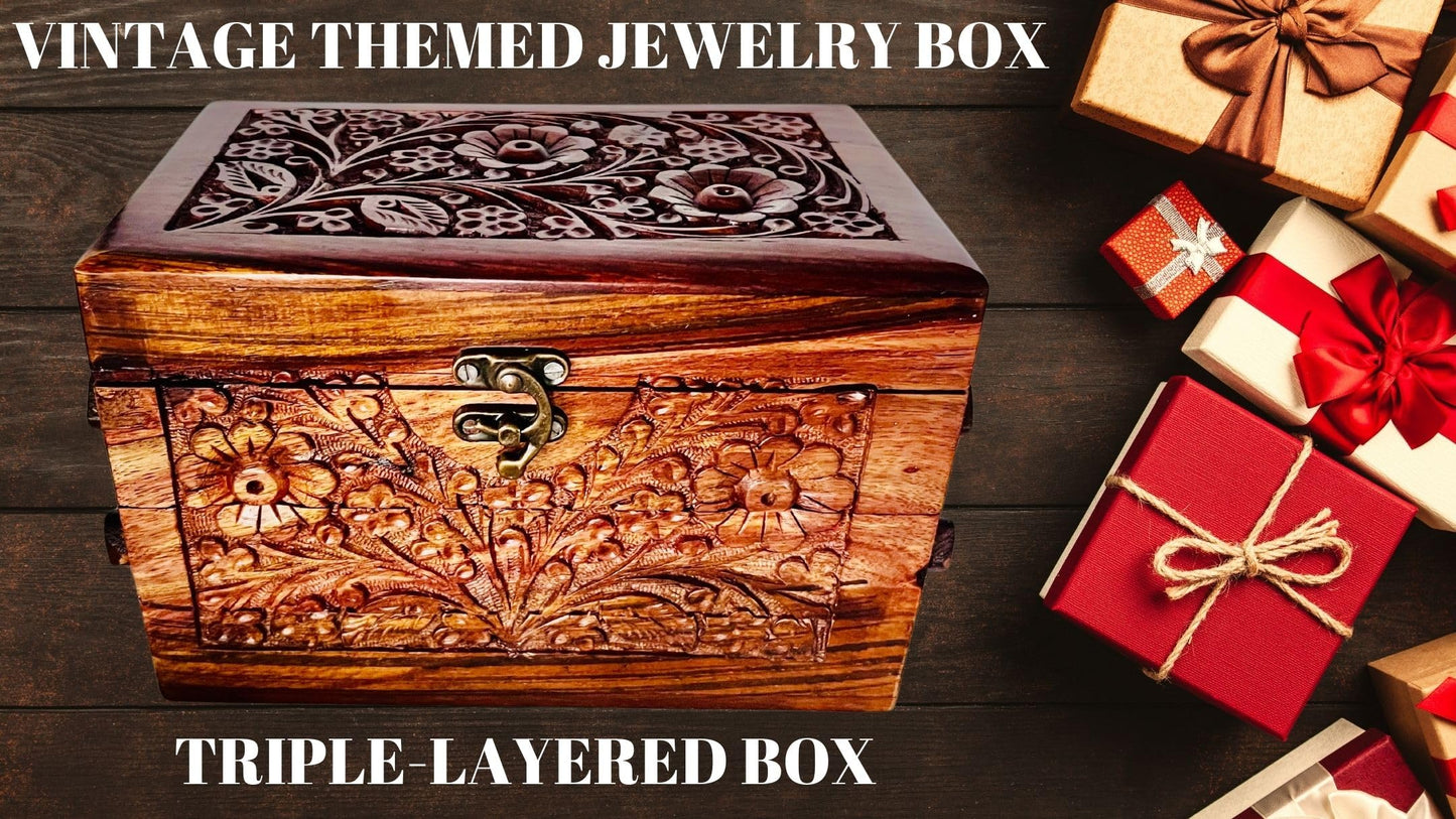 Eid Gifts - Handcrafted Jewelry Box with Floral Carvings, 3-Compartment Jewelry Organizer for Earrings, Rings, Necklaces (Large Size 8''x5''x5'')