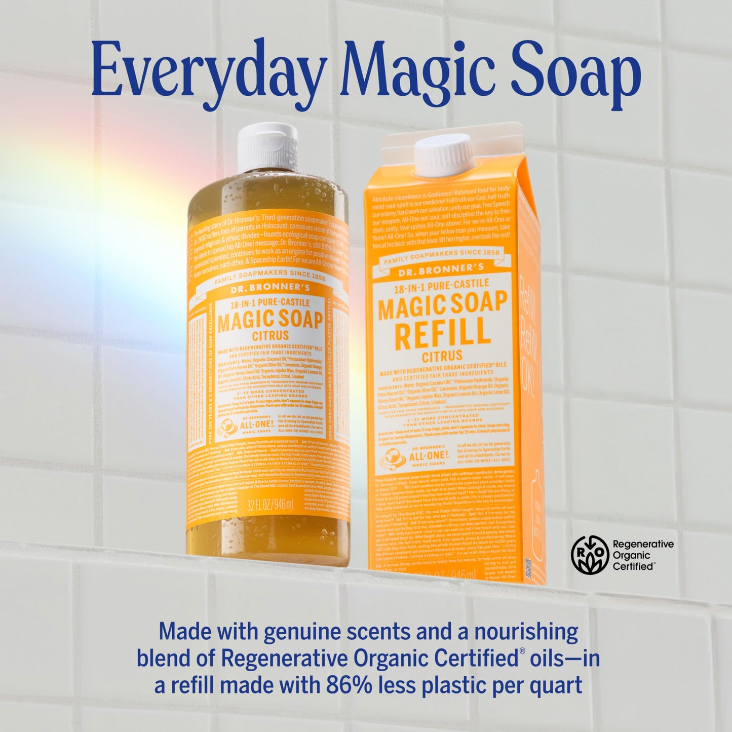 Dr. Bronner's Magic Soap-Pure-Castile Liquid Refill (Citrus, 32 ounce, 1-Pack) - Made with Regenerative Organic Certified Oils, For Body, Hair