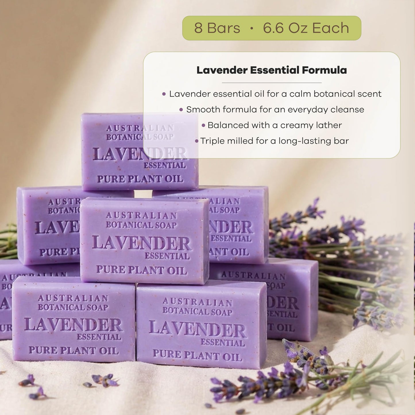 Australian Botanical Soap, 6.6 OZ, Lavender and Essential Oil, Triple Milled Bars made with a Natural Soap Base and Enriched with Organic Shea Butter