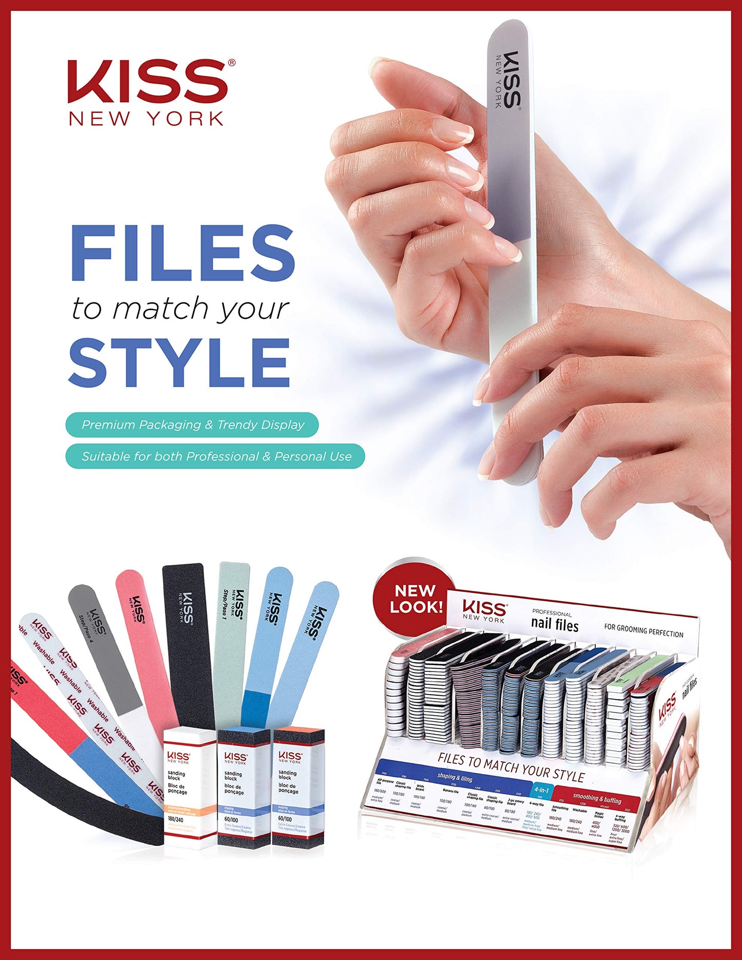 Kiss File All Purpose & Smoother 180 Medium / 600 Extra Fine F100N - Pack of 6 Files & Smooths Natural and Artificial Nails
