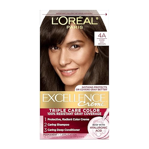 L'Oreal Paris Excellence Crème Permanent Hair Dye, Triple Care Hair Color with Hyaluronic Acid for 100% Gray Coverage, 4A Dark Ash Brown, 1 Kit