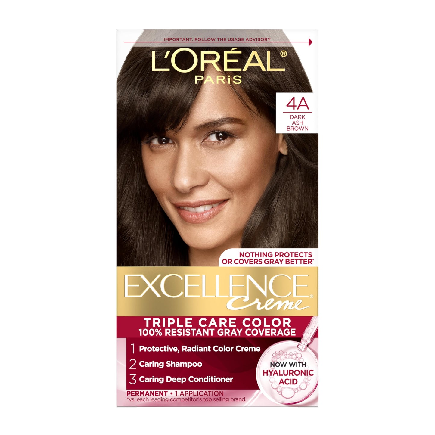 L'Oreal Paris Excellence Crème Permanent Hair Dye, Triple Care Hair Color with Hyaluronic Acid for 100% Gray Coverage, 4A Dark Ash Brown, 1 Kit