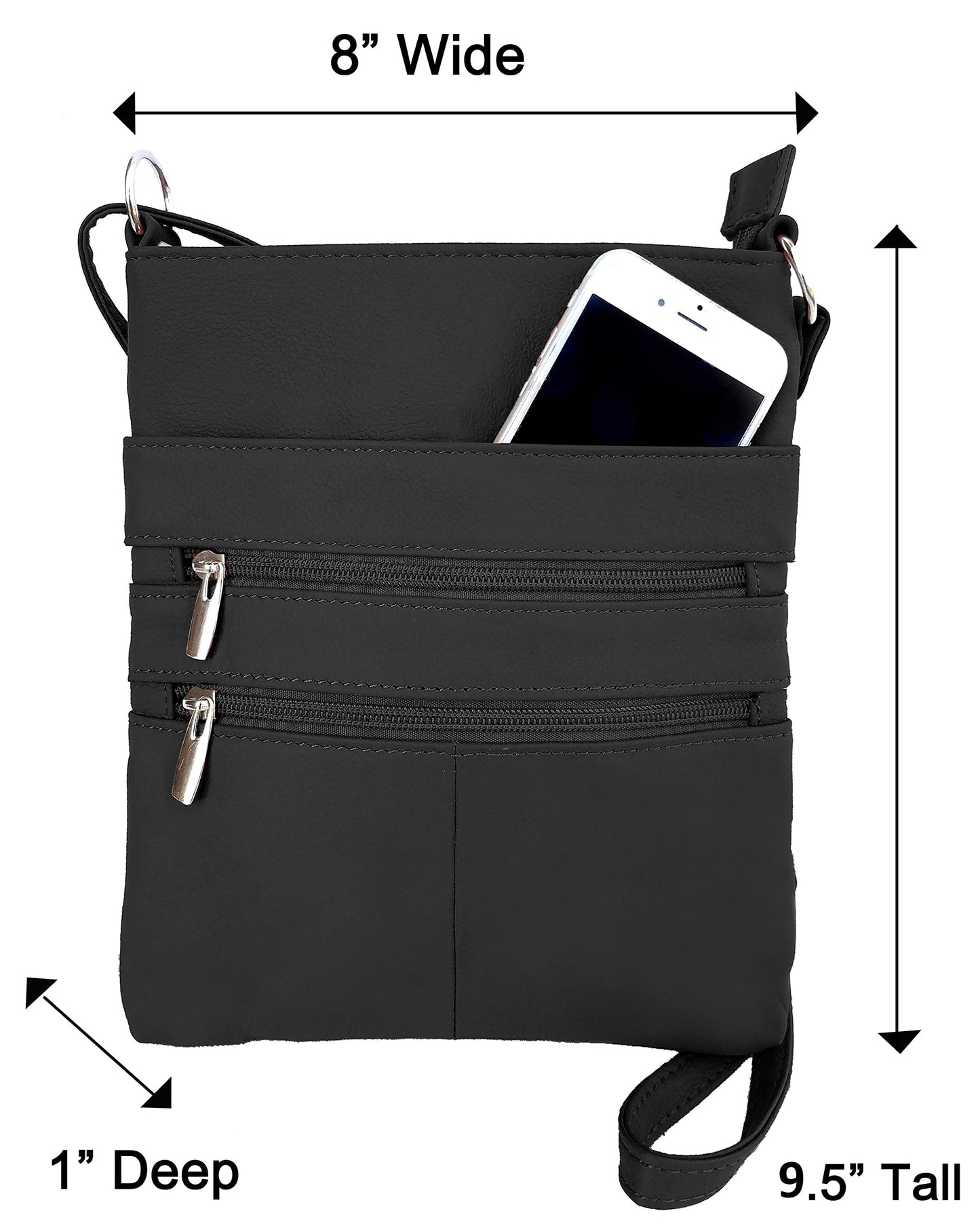 Roma Leathers Mini Cross Body Purse - Multi Pocket Double Zipper Handbag - Premium Black Leather - Adjustable Shoulder Strap - Convenient Travel Bag…