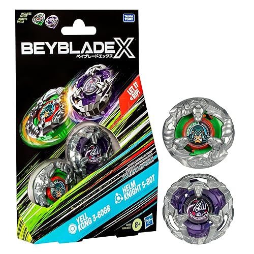 BEYBLADE X Yell Kong 3-60GB and Helm Knight 5-80T Dual Pack Set with 2 Right-Spinning Tops; Battling Top Toys for 8 Year Old Boys and Girls
