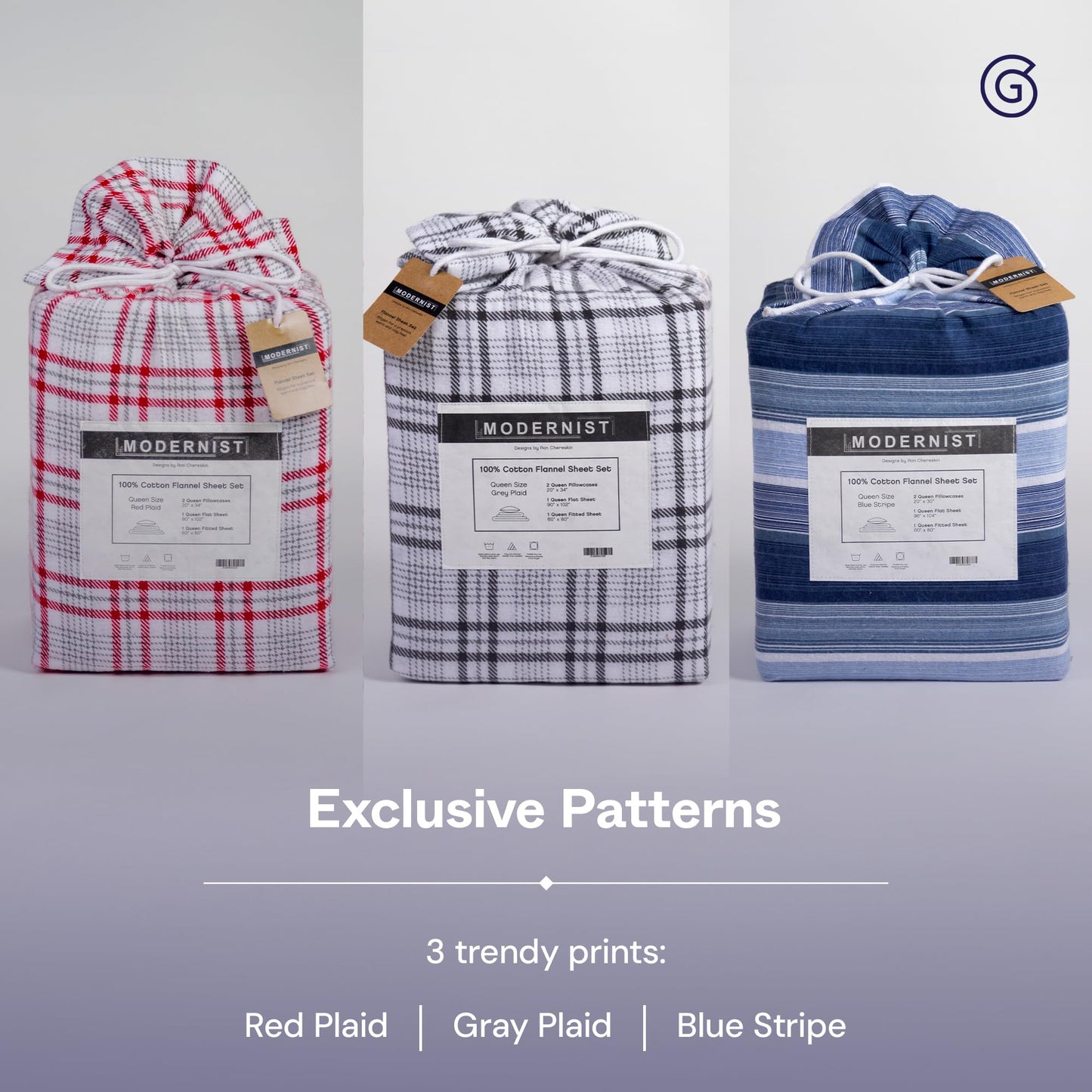 Gravity Modernist Flannel Bed Sheet Set, King (Red Plaid) - 100% Cotton Plaid Bedsheets - Includes Deep Pocket Fitted Sheet, Top Sheet & Pillowcases -