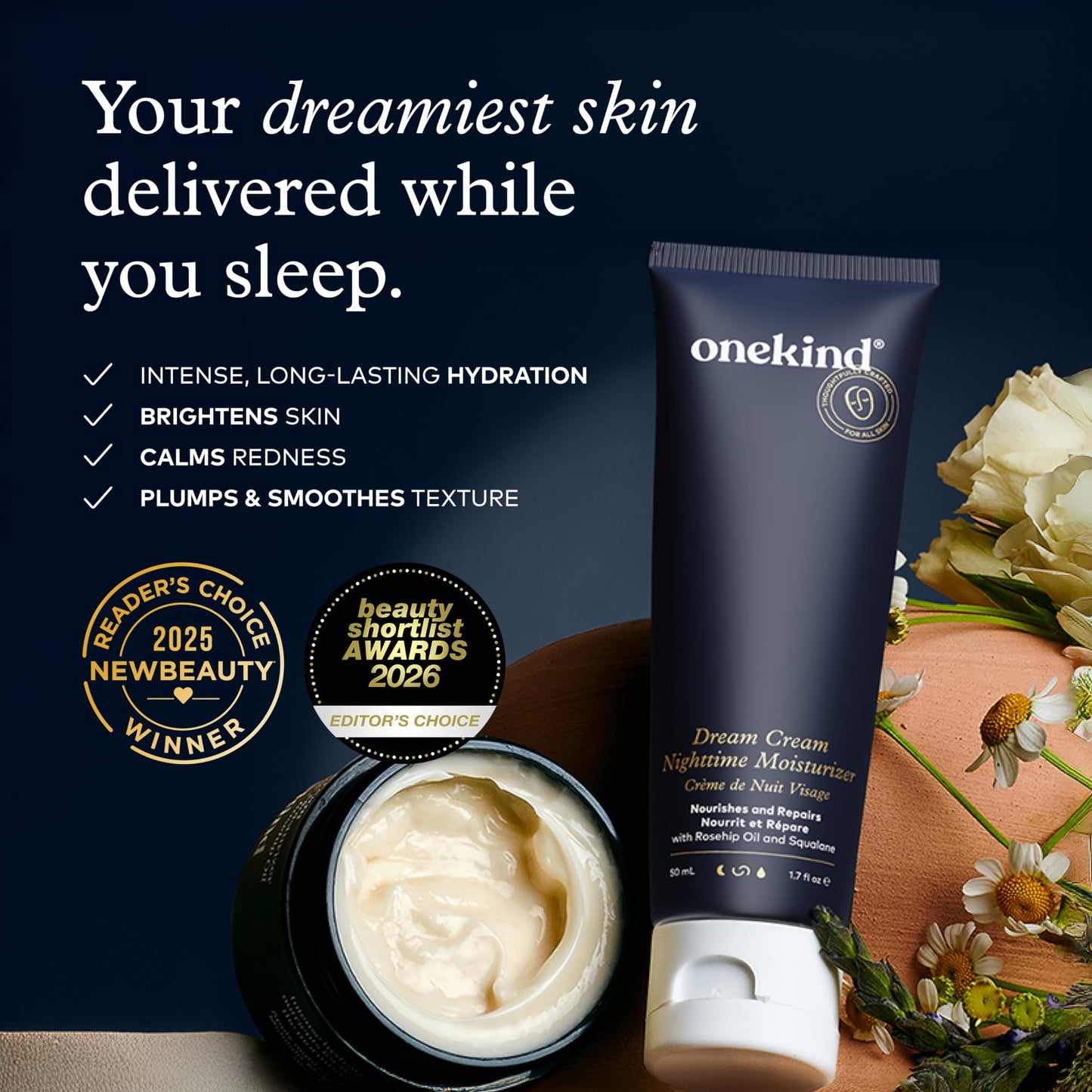 Onekind Night Moisturizer for Face, Hydrating Dream Cream for Wrinkles, Night Cream for Women Anti Aging with Squalane, Rosehip & Shea Butter for Dry