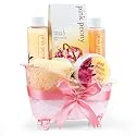 Home Spa Gift Basket Peony Spa Set For Women, Contains Shower Gel, Bubble Bath, Body Lotion, Peony Bath Salt & Puff in a Pink Feminine Tub - Mother's