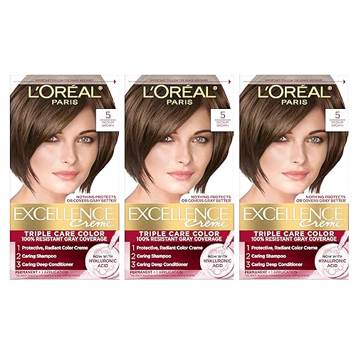 L'Oreal Paris Excellence Crème Permanent Hair Dye, Triple Care Hair Color with Pro-Keratine Complex for 100% Gray Hair Coverage, 5 Medium Brown, 1 Kit
