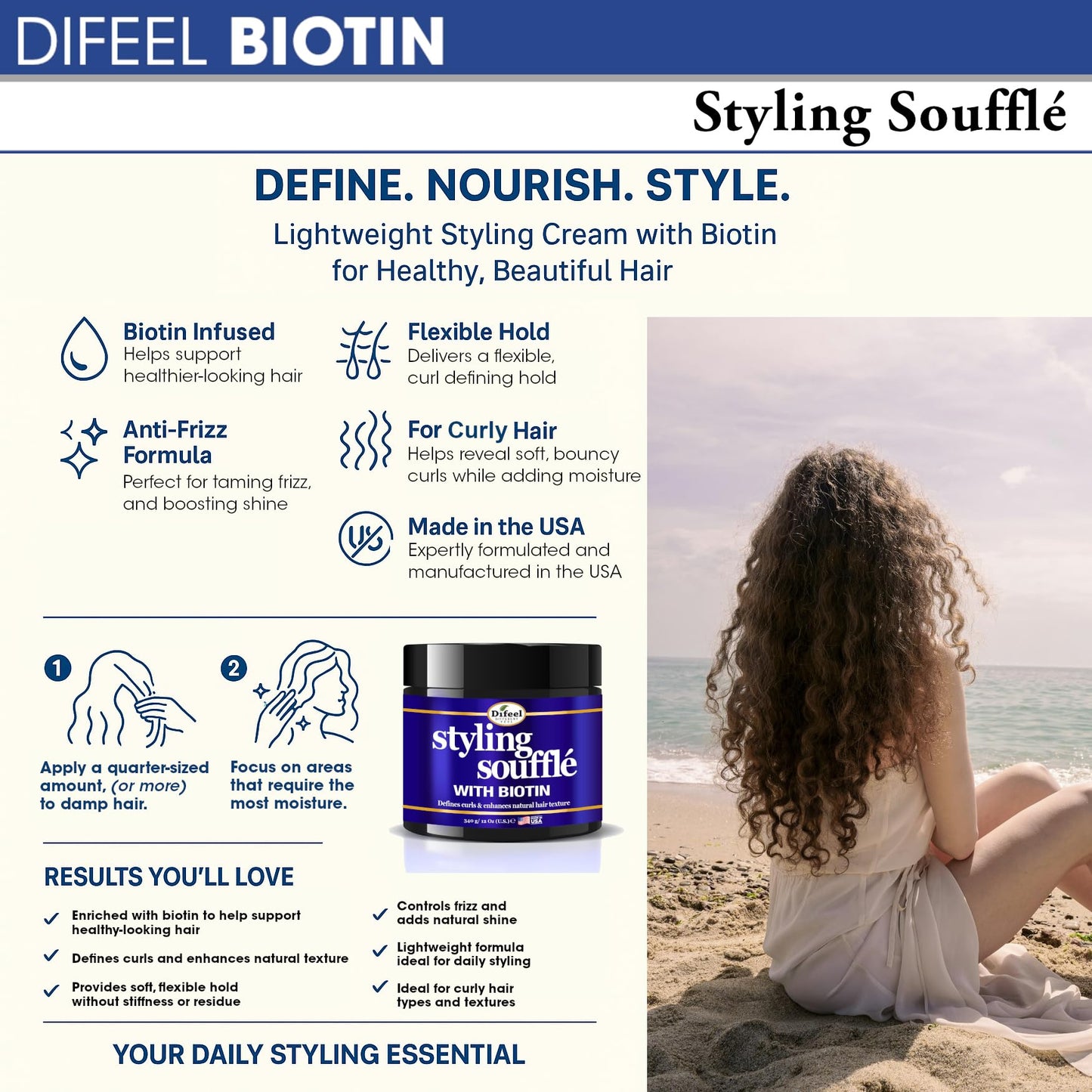 Difeel Curl Defining Styling Soufflé with Biotin 12 oz. - Nourishing Curl Defining Souffle for Wavy Hair, Curly Hair & Coils