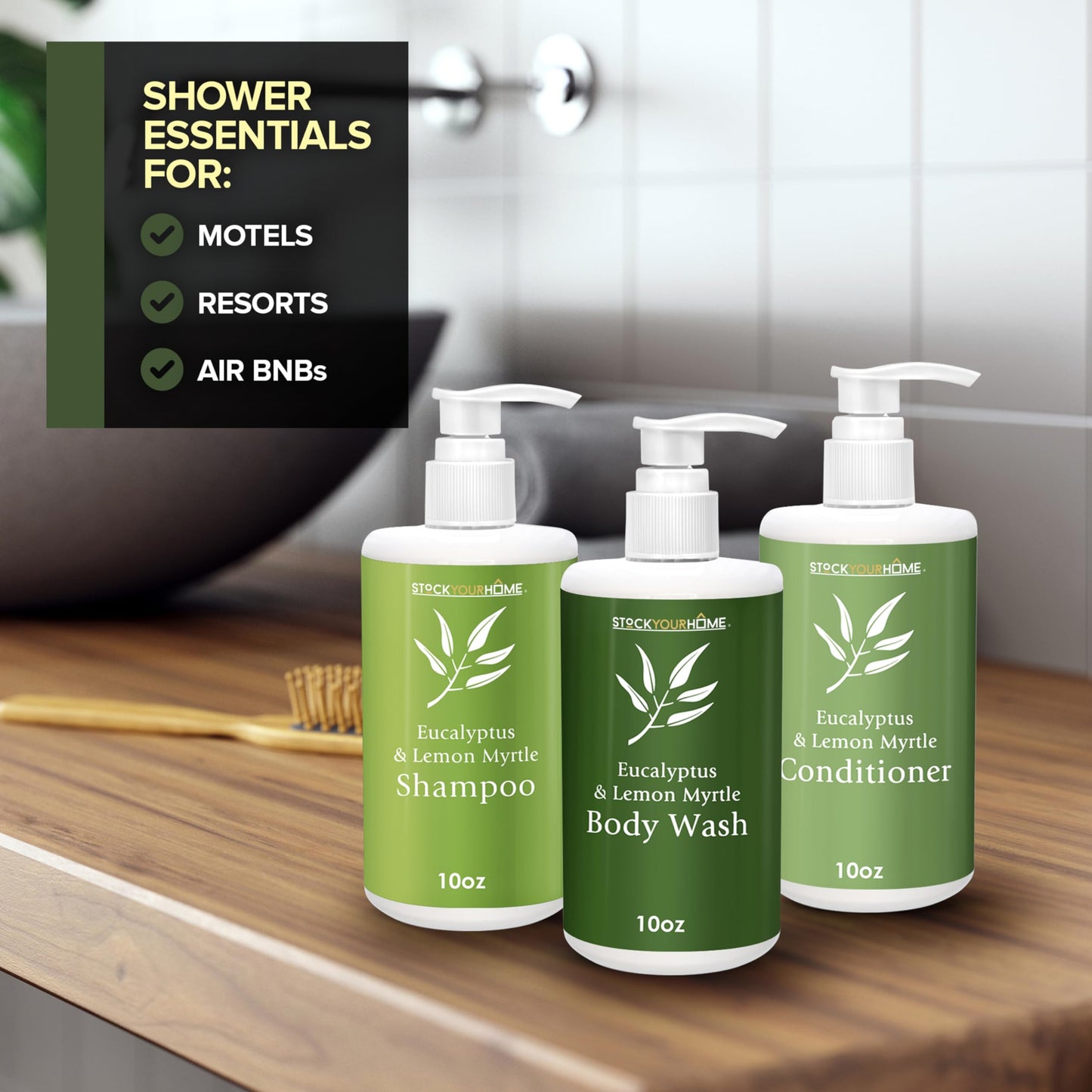 Shower Essentials Set for Men and Women, 3 Piece Shampoo Conditioner and Body Wash Set, 10 oz Bottles, Guest Bathroom Toiletries for Hotels