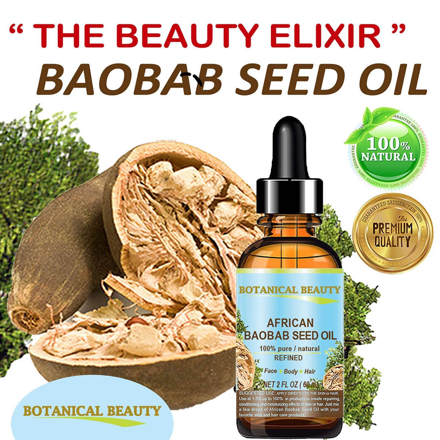 Botanical Beauty BAOBAB SEED OIL 100% Pure Natural Refined Cold-Pressed Carrier Oil 1 Fl oz 30 ml For Face Skin Body Hair Lip Nails Rich in Vitamin C