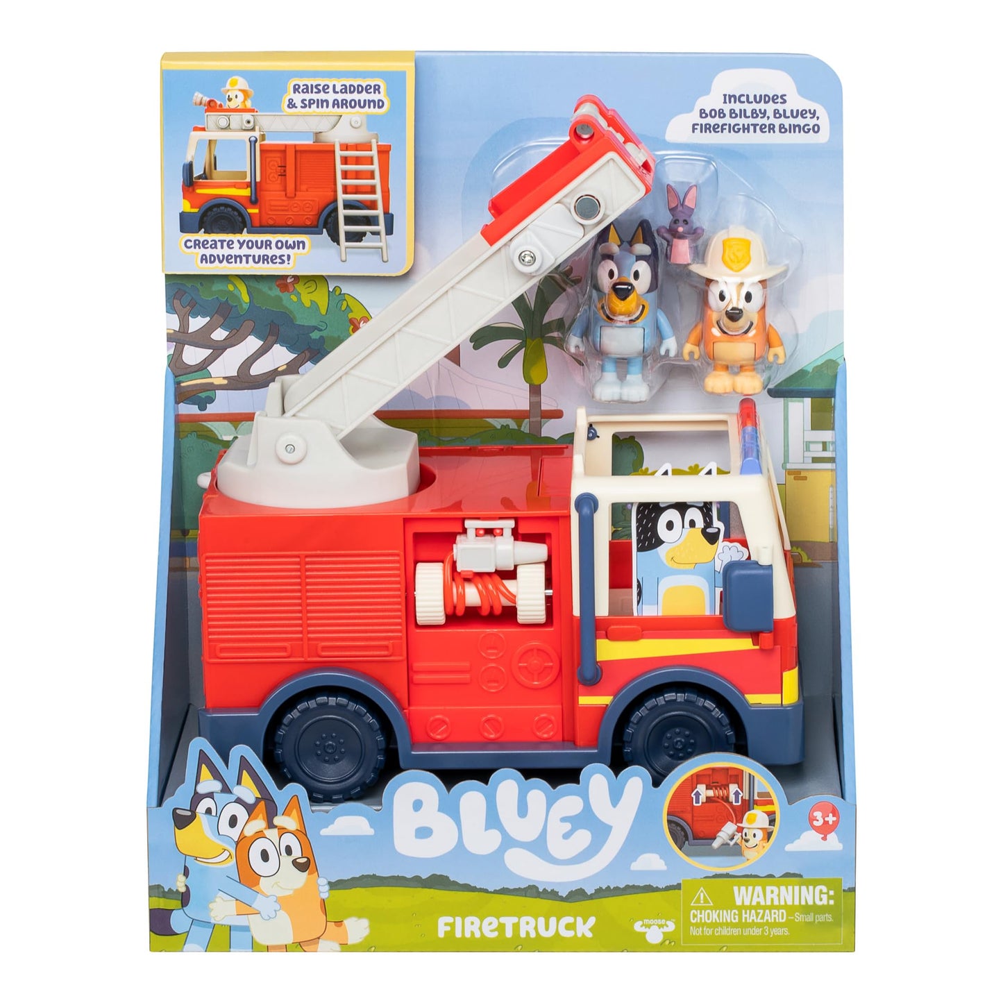 Bluey Firetruck Toy with Firefighter Bingo, Bob Bilby Figures | Extendable Ladder & Hose | Includes Stickers - Perfect for Kids Ages 3+