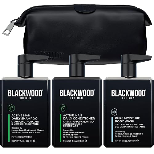 BLACKWOOD FOR MEN Dapper Dad Set including Travel Bag, Active Man Shampoo, Active Man Conditioner, & Pure Moisture Body Wash - Natural Vegan Formula