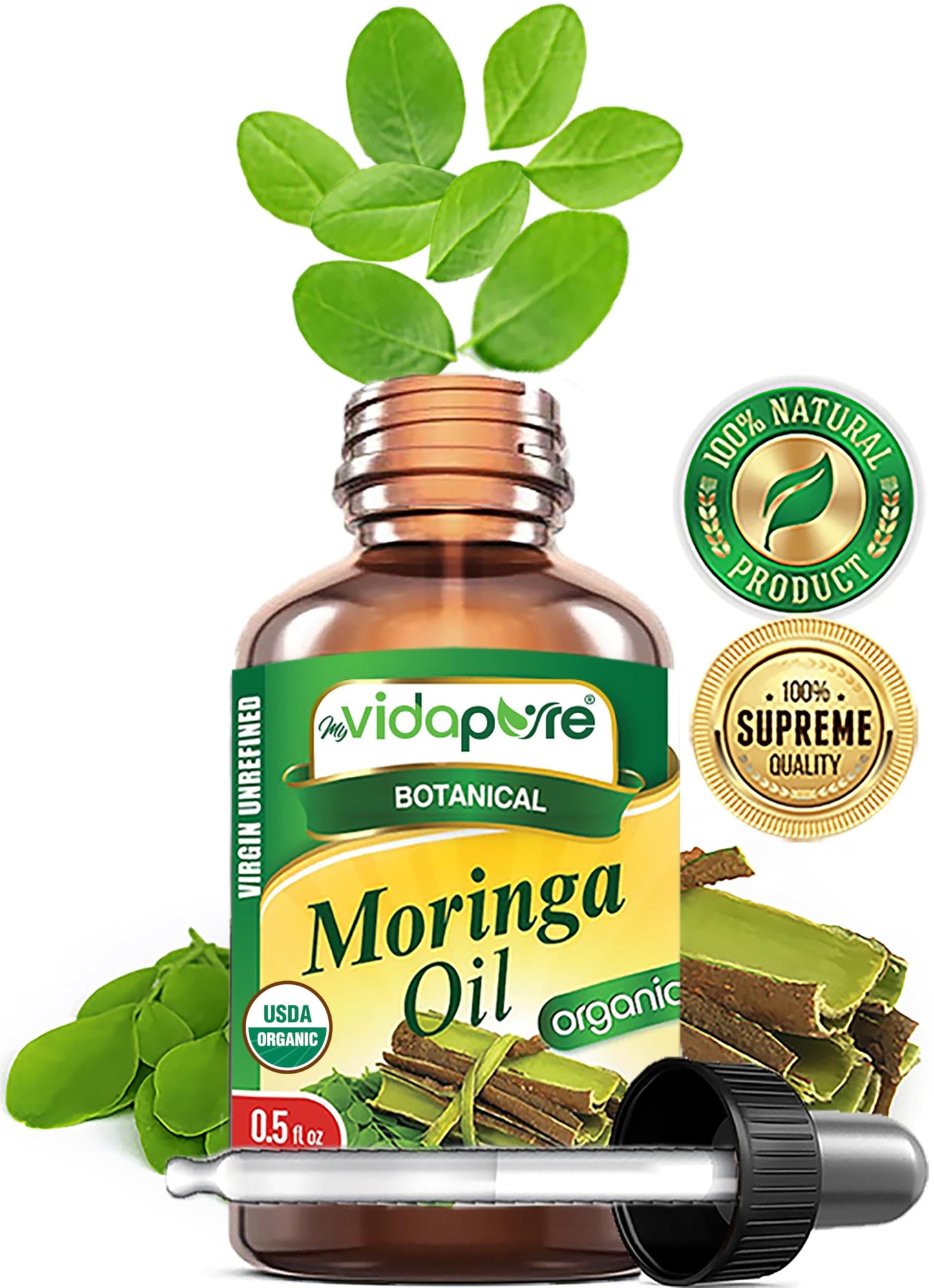 MYVIDAPURE Organic MORINGA OIL Moringa Oleifera Certified Organic 100% Natural Pure Virgin Unrefined for Face, Skin, Body, Hair, Lip, Nails