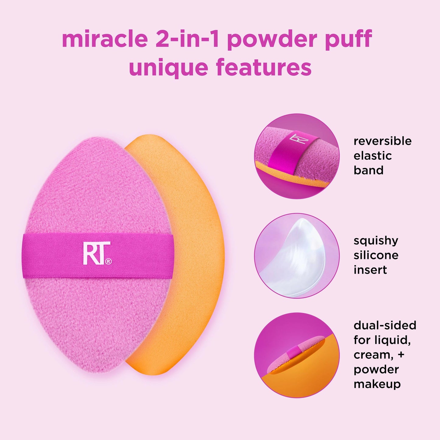 Real Techniques Miracle 2-In-1 Powder Puff, Dual-Sided, Full-Size Makeup Blending Puff, Reversible Elastic Band, Precision Tip Makeup Sponge & Powder
