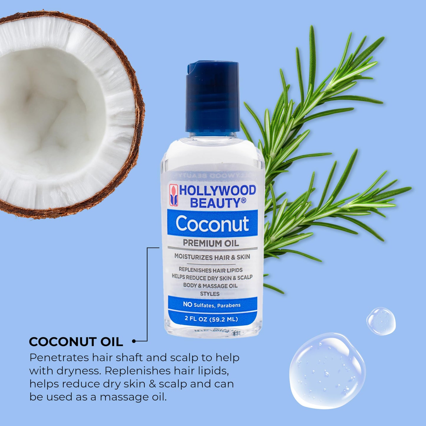 Hollywood Beauty Coconut Hair Oil, 2 oz - Moisturizes Hair & Skin, Replenishes Hair Lipids, Body & Massage Oil, Relieves Scalp Dryness, Reduces
