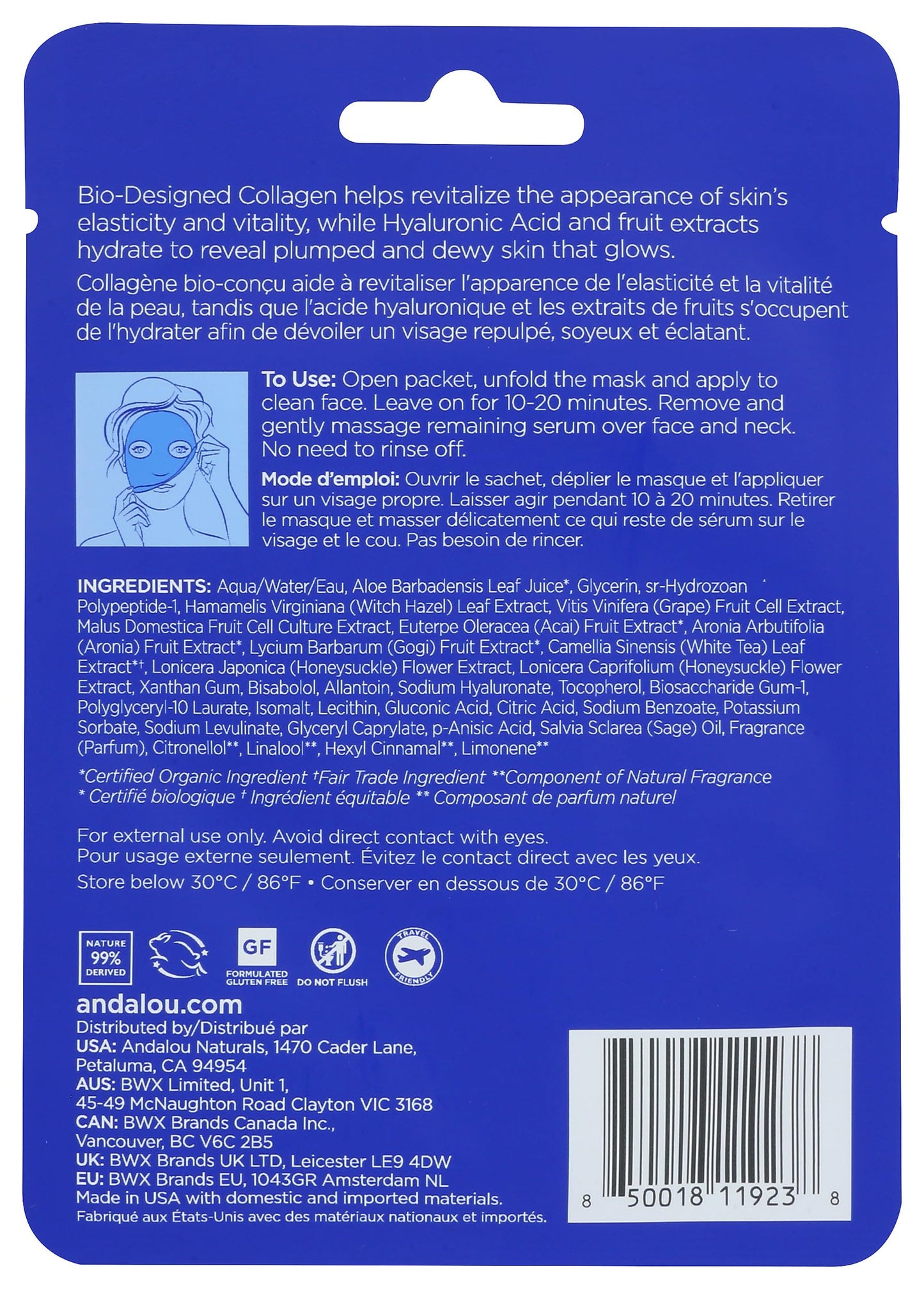 Andalou Naturals Deep Hydration Instant Hydrate & Refresh Sheet Mask, 6 OZ