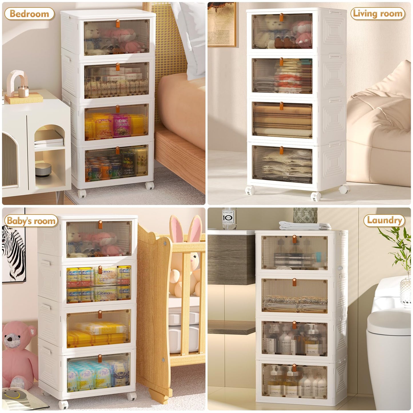 YFXCVSL 4 Tier Plastic Storage Bins with Lid 23QT, Stackable Storage Containers with Wheels, Folding Storage Boxes, Collapsible Storage Bins, Closet…