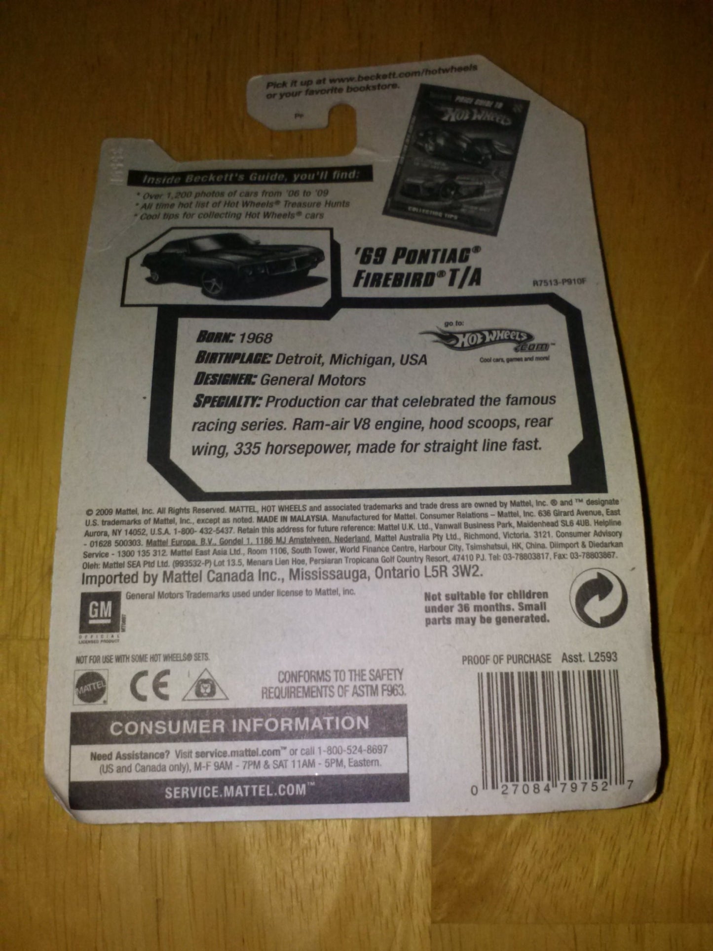 HOT WHEELS 2010 MUSCLE MANIA ON BECKETT CARD 10 OF 10 BLACK WITH RED STRIPES '69 PONTIAC FIREBIRD T/A 1:64 Scale