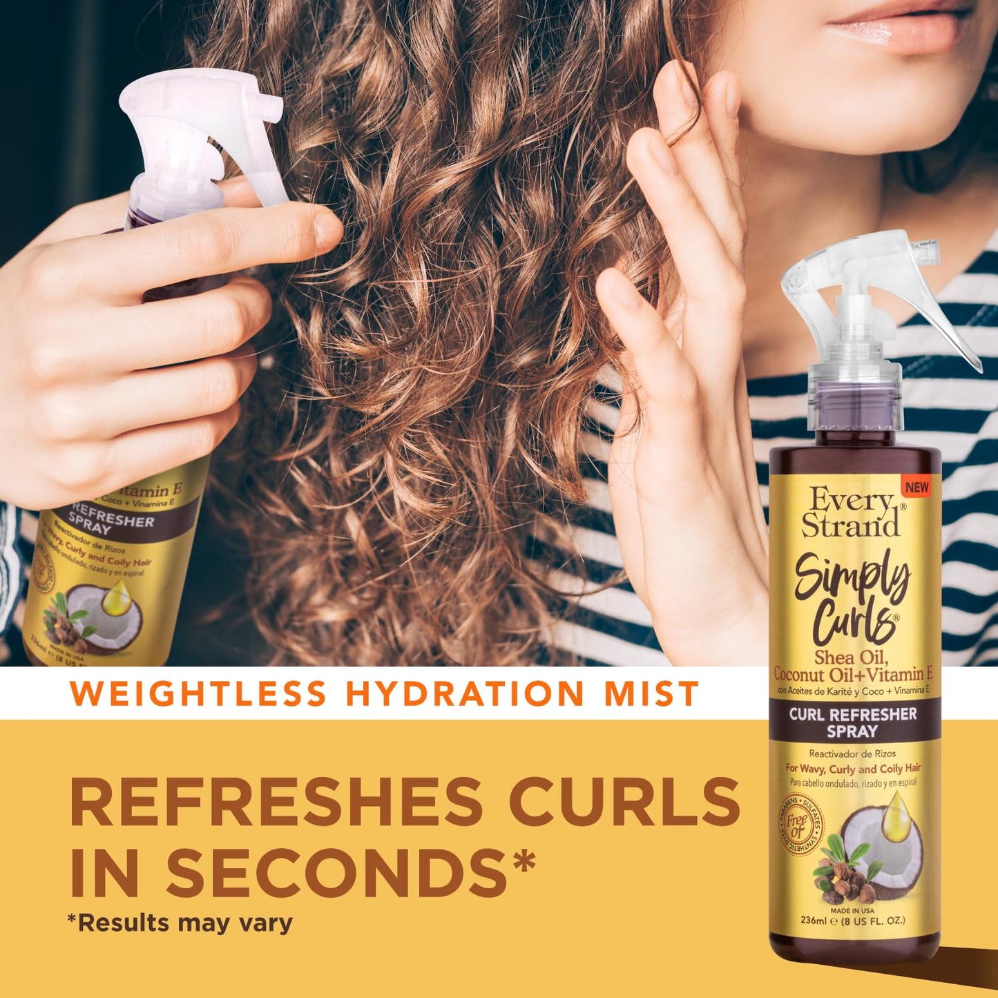 Every Strand Simply Curls Curl Refresher Spray 8 oz, Second Day Curl Reviving Spray with Coconut Oil, Shea Butter, and Vitamin E for Wavy and Curly