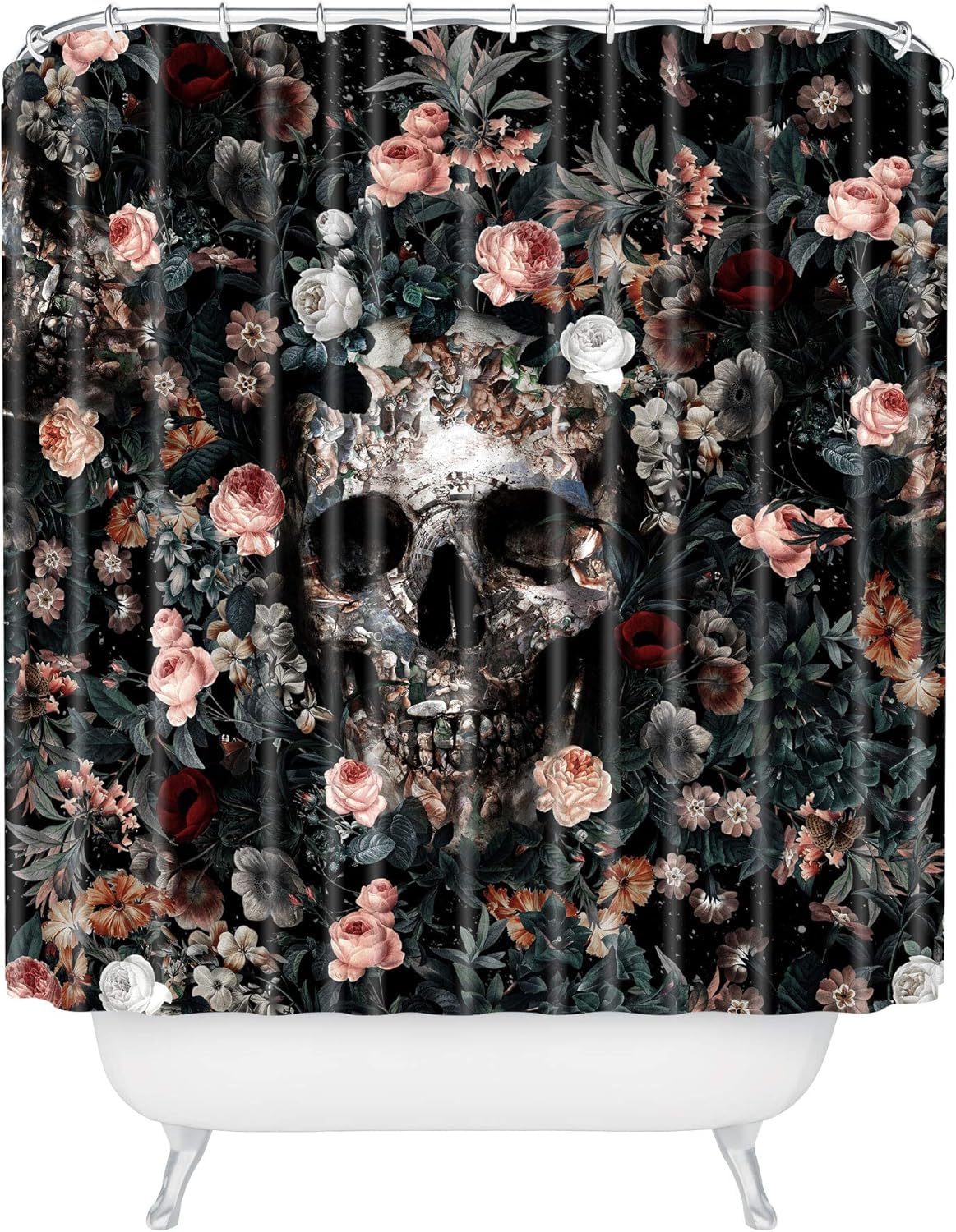 Society6 Shower Curtain - Bathroom Decor by Burcu Korkmazyurek - Extra Long Fabric Shower Curtains for Bathroom, 71" x 74", Skull and Floral
