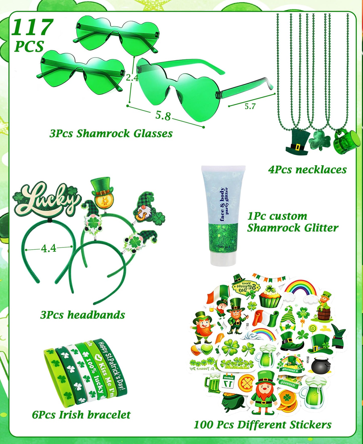 QVAIVE 117 Pcs St Patricks Day Accessories Party Favor Set with Custom Shamrock Glitter Gel,Glasses,Headbands,Bracelets,Necklaces for Irish Parades