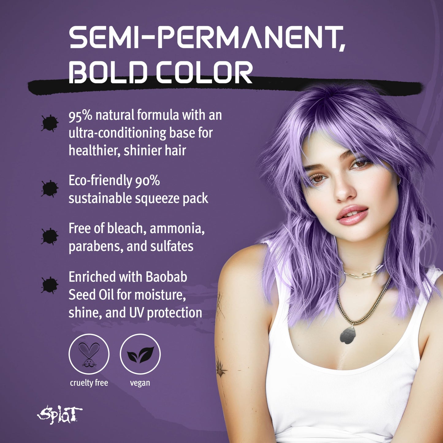 Splat Naturals Semi-Permanent Hair Color, Purple, 6 fl. oz., 95% Natural Hair Dye Formula Lasts Up to 30 Washes, Vegan & Cruelty-Free