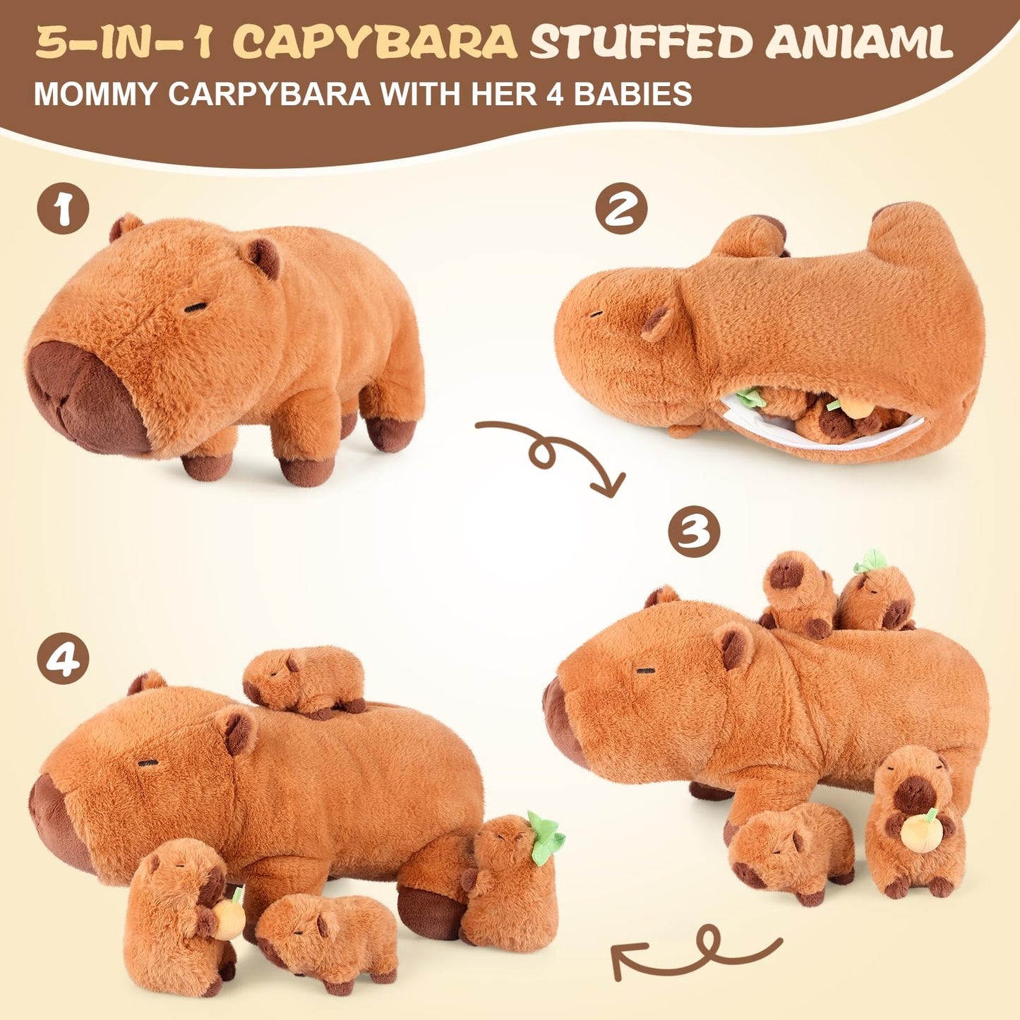 SuzziPals 5-in-1 Capybara Stuffed Animals with Babies Inside, 5Pcs Set Capybara Plush with Mommy & 4 Babies, Soft Pillow Plushies Decor, Cute 3 to 8…