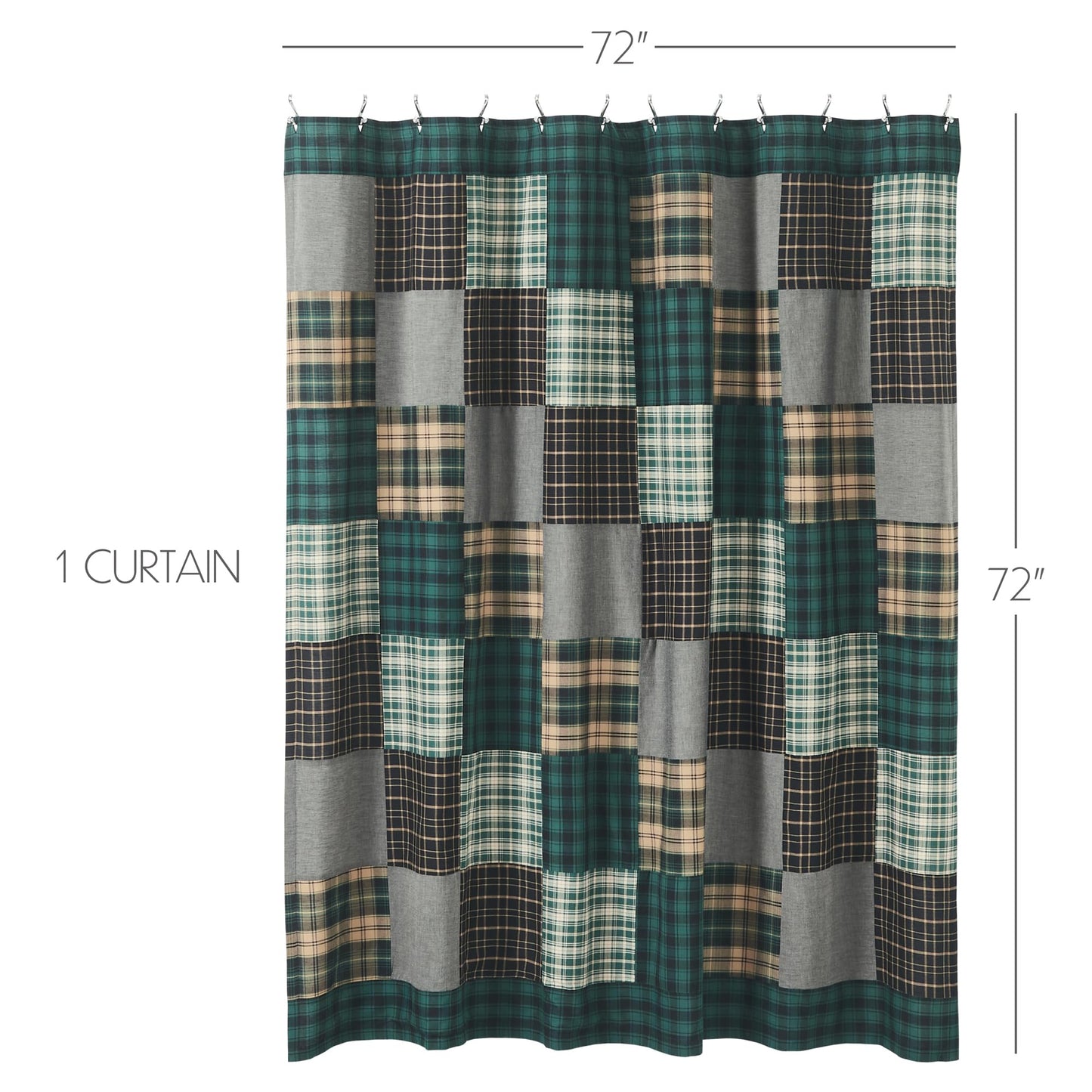 VHC Brands, Pine Grove Plaid Patchwork Shower Curtain, Green, 72x72