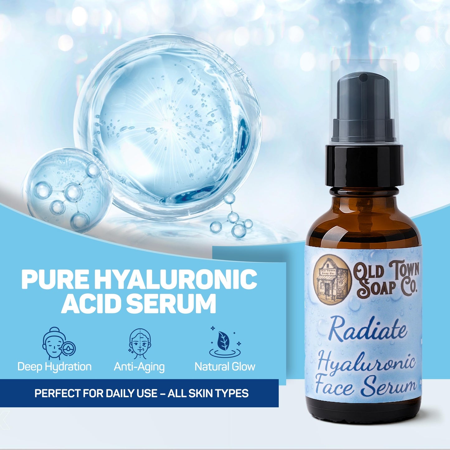 Old Town Soap Co. Radiate Hyaluronic Acid Face Serum, 1 fl oz - Hydrating Anti-Aging with 1% Pure Sodium Hyaluronate - Smooth Fine Lines, Plump & Firm Beauty & Personal Care Old Town Soap Co.
