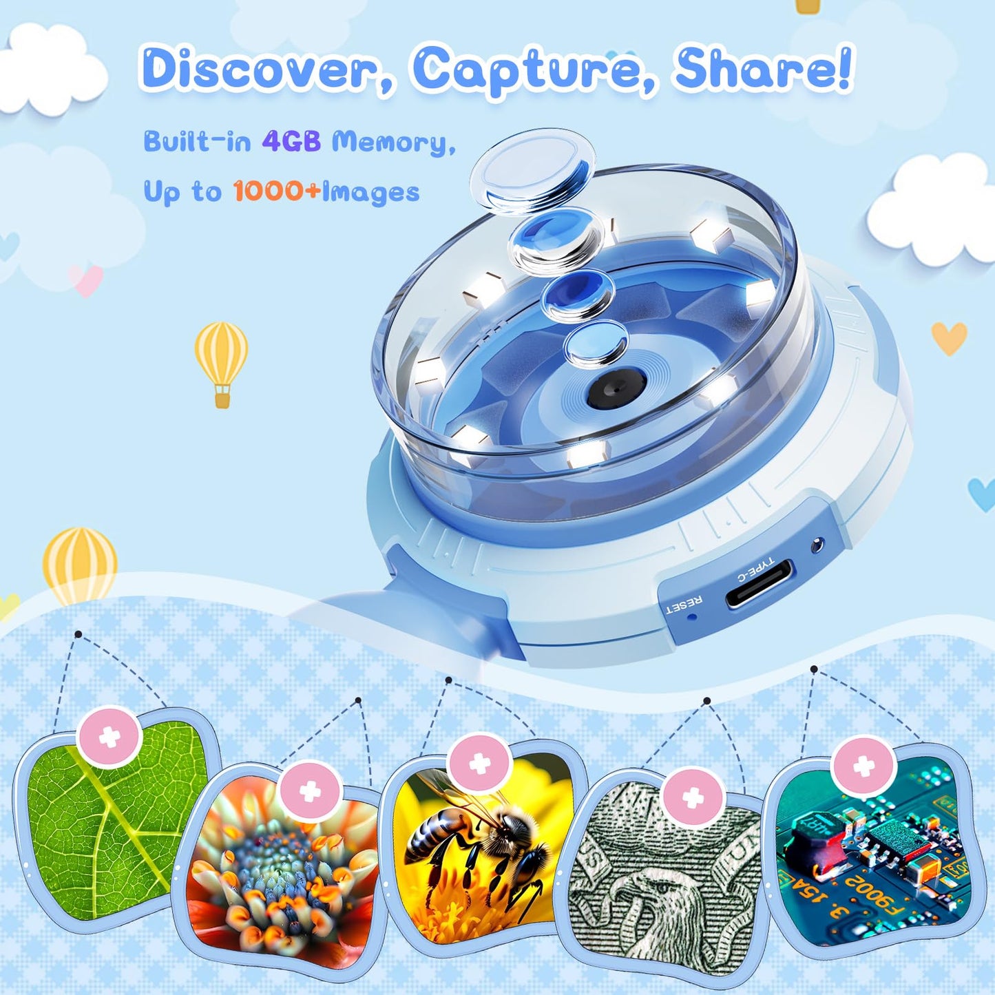 Hayve Kids Microscope – Mini Handheld Pocket Microscope with 2" IPS Screen & 8 LEDs, PC View, Educational Gift for Ages 3–8